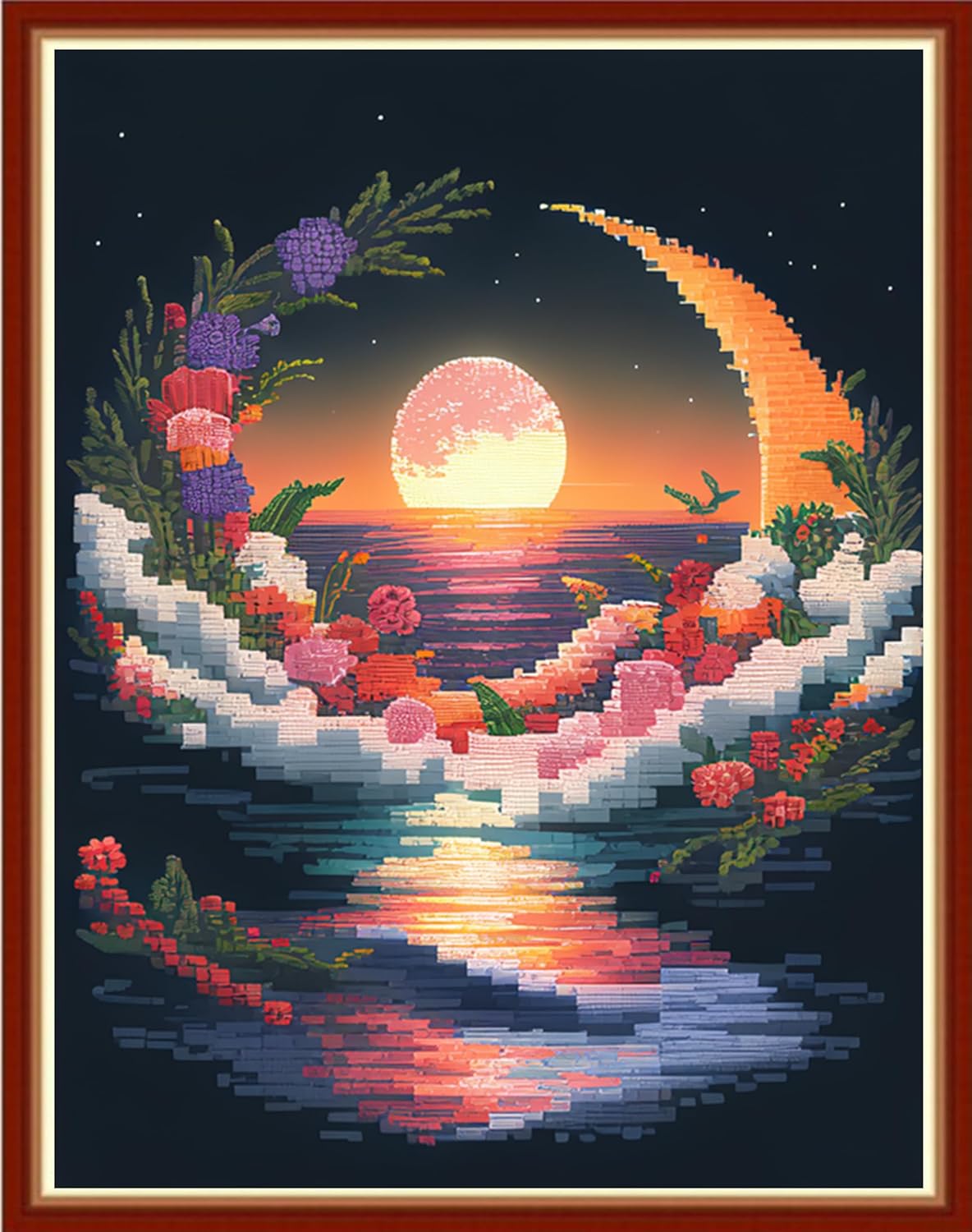 Artxfovy Stamped Cross Stitch Kits Beginners Full Range of Embroidery Starter Kits for Adults Printed Cross Stitching DIY Needlepoint Kit 11CT- Moonlight Flowers 15.7x19.7 inch Printed 01