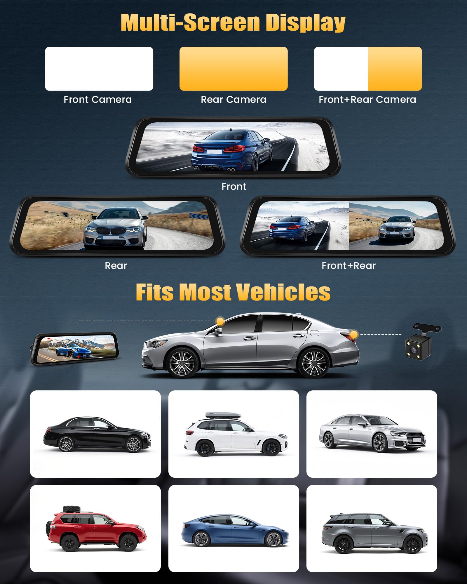 CAMECHO 9.66'' 1080P Écran Tactile Dashcam Retroviseur Voiture, Double Dash Cam Avant et arrière, Vision Nocturne Camera Embarquée Voiture avec Détection de Mouvement, Compensation d'exposition