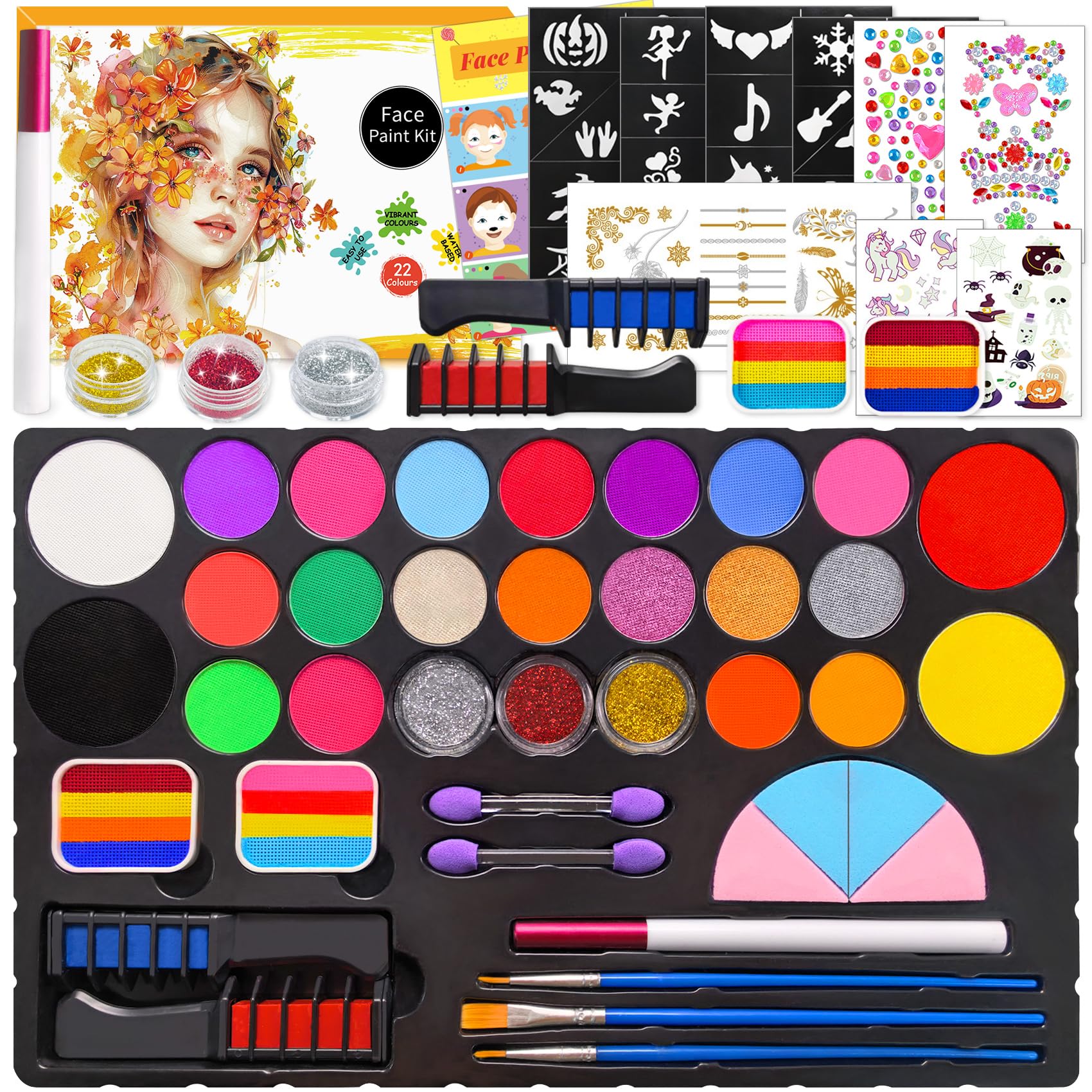 Mekkyes Truccabimbi Kit - 22 Colori Trucco Viso Bambini con 4 Colori Grandi e Adesivo per Tatuaggi, Truccabimbi kit Anallergici Atossici Body Painting per Halloween Carnevale Cosplay Natale