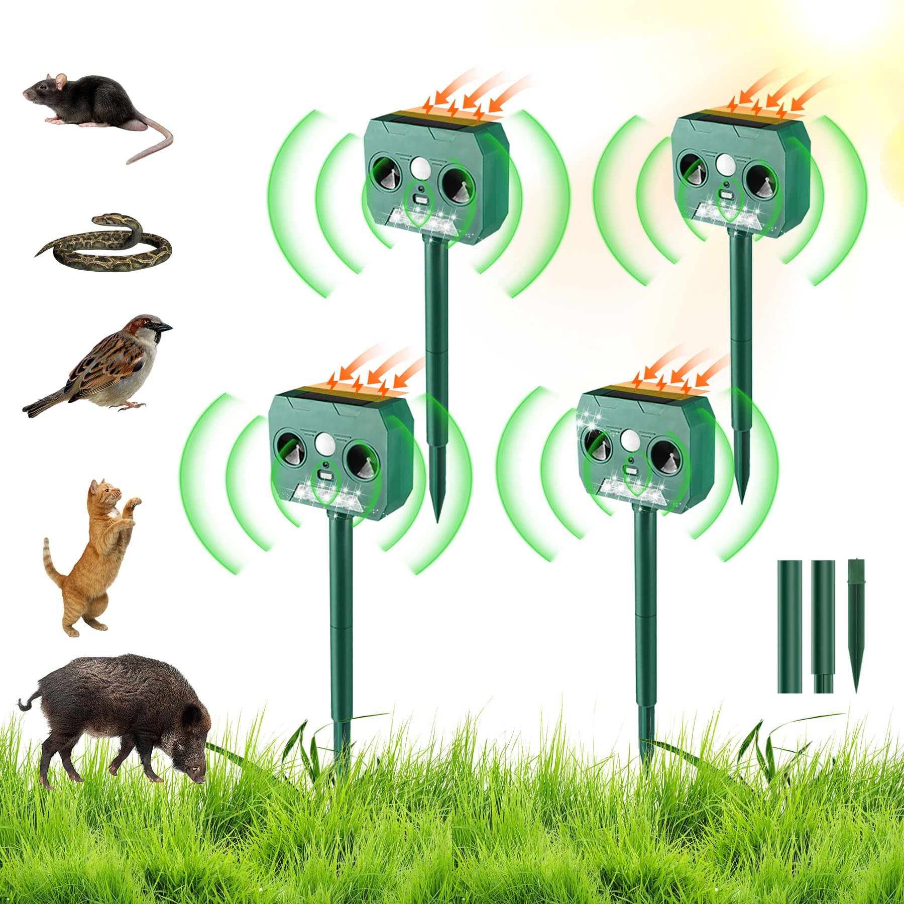 DODOGOD 動物撃退器 猫避け対策 動物撃退器 【2025新モデル】害獣撃退器 効果絶大 13KHZ-50KHZ 超音波スピーカー ソーラー充電 赤外線センサー 12m感知範囲 猫 よ け 対策 鳥避け 猫避け 害獣撃退 糞被害 鳥害対策 IP65防水防塵 超長待機 差し込み&壁掛け型の両用 (4個セット)
