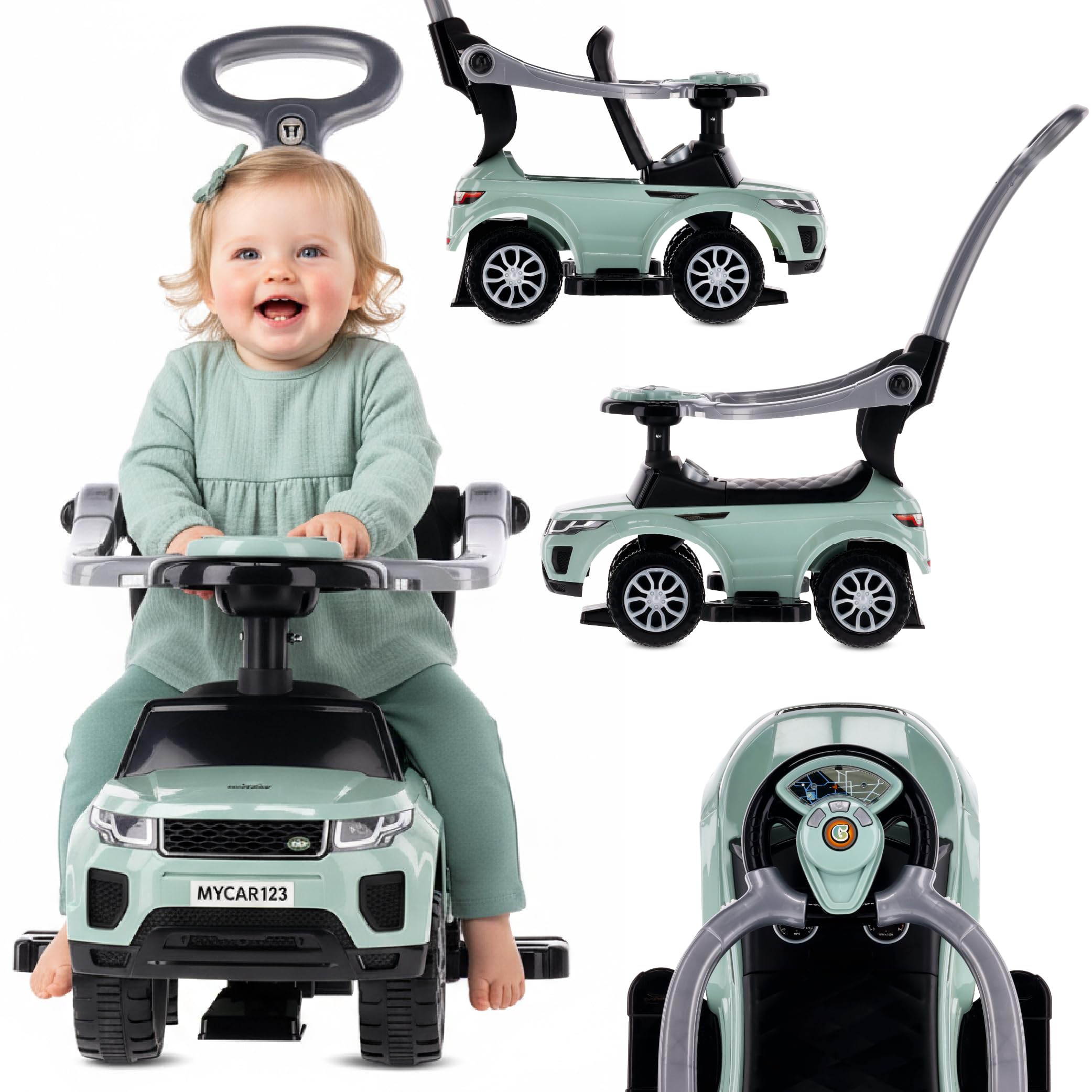 4in1 Kinderauto Rutschauto ab 1 Jahre und Schiebeauto mit Hupe und Musik, Rutschauto mit Stauraum unter dem Sitz, Spielzeugauto ab 1 Jahren (Salbei)