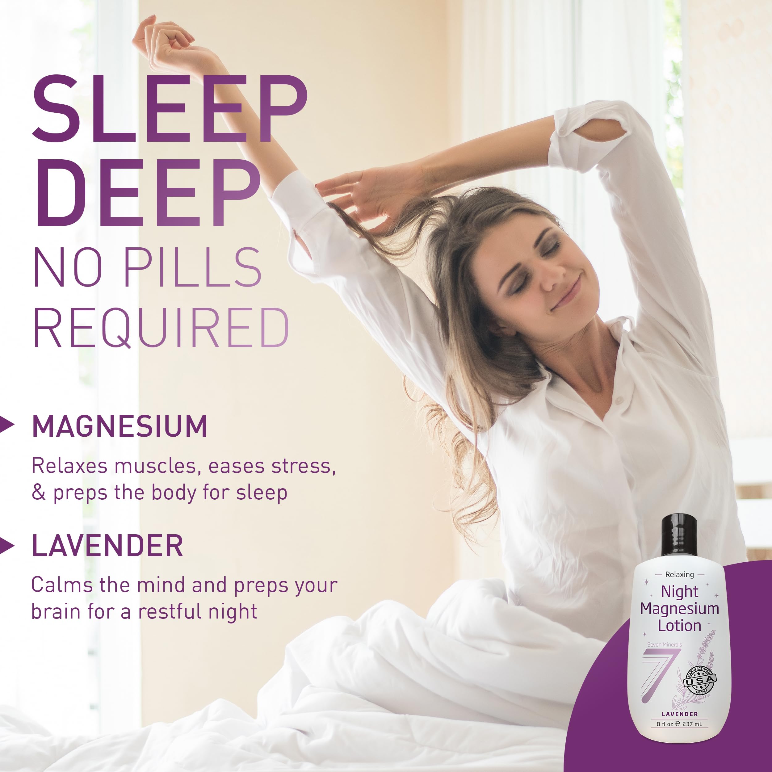 Seven Minerals Magnesium Lotion for Sleep - Lavender Relaxing Night Blend - Highly Concentrated Magnesium for Better Sleep, Body & Mind Relaxation. Non-Greasy Skin Friendly - 8 fl oz — Amazon image 6