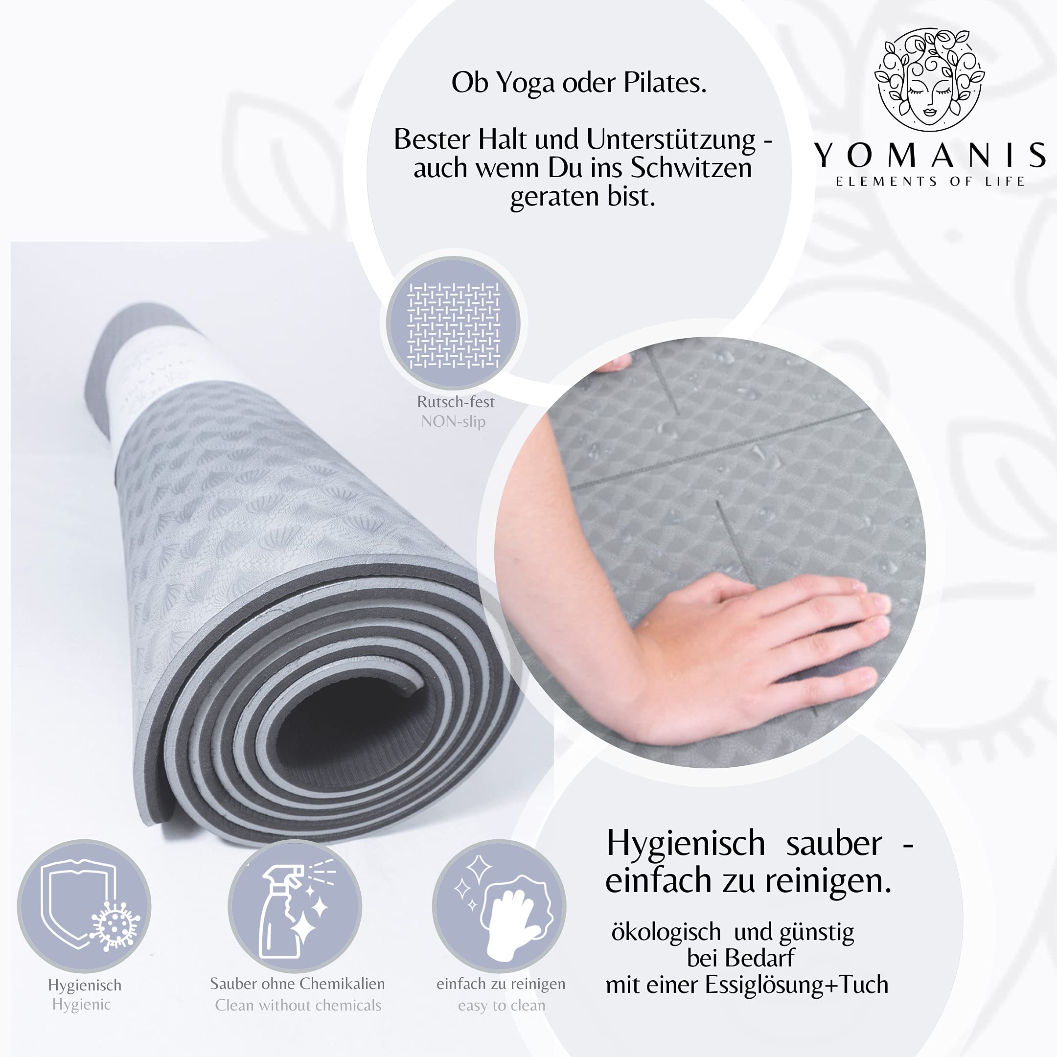 Myga Yogamat met uitlijnlijnen, extra grote 6 mm dikke antislip yogamat voor pilates en fitness, milieuvriendelijk, duurzaam en zweetbestendig voor thuis en sportschool, 195 x 68 cm, zwart