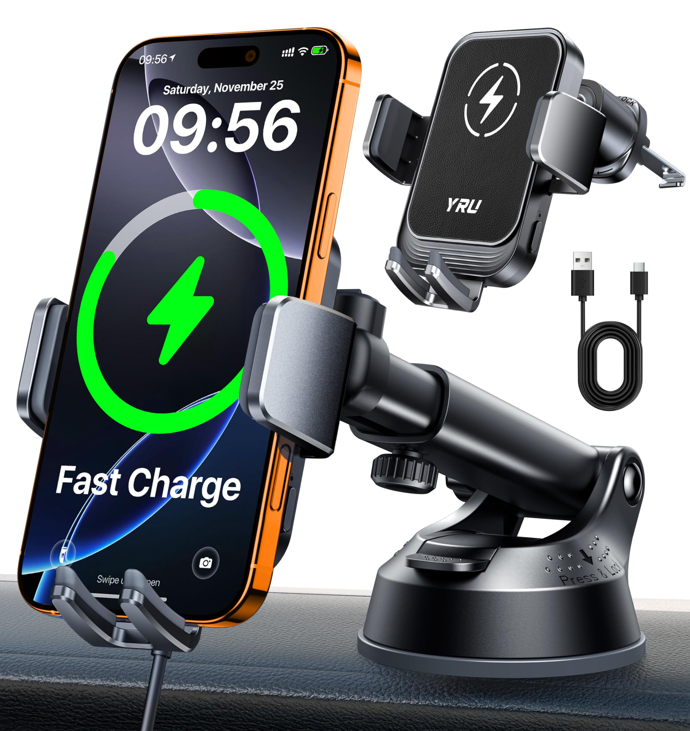 YRU True Military-Grade Wireless Car Charger Mount