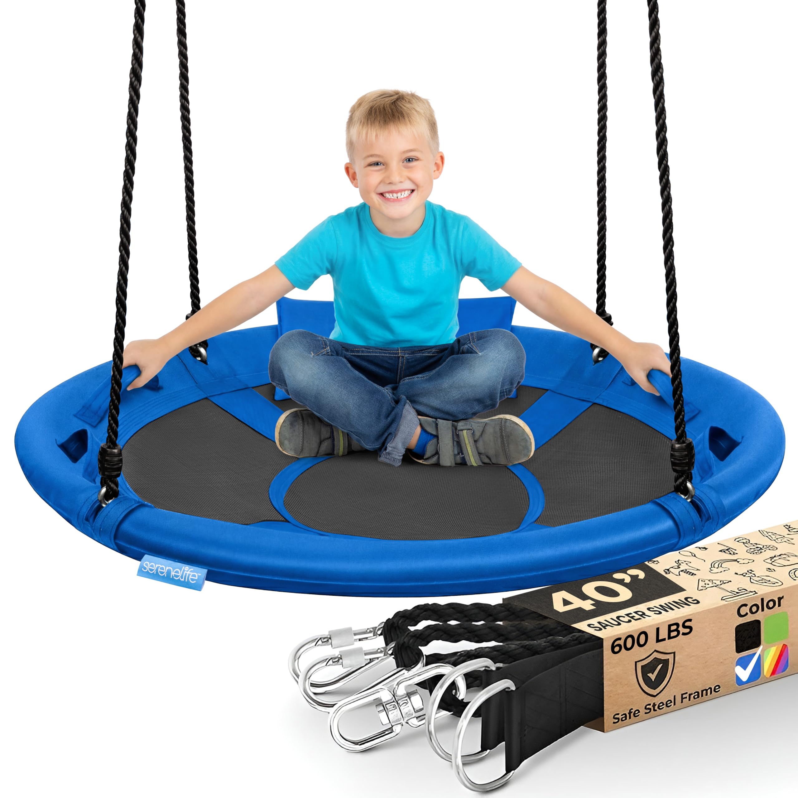 SereneLife 40" Saucer Swing - Outdoor Swing Set with Universal Hanging Kit, Swinging Seat Spinner with Pillow & Carry Bag, Weatherproof, Water-Resistant, Supports Up to 700 lbs, Blue