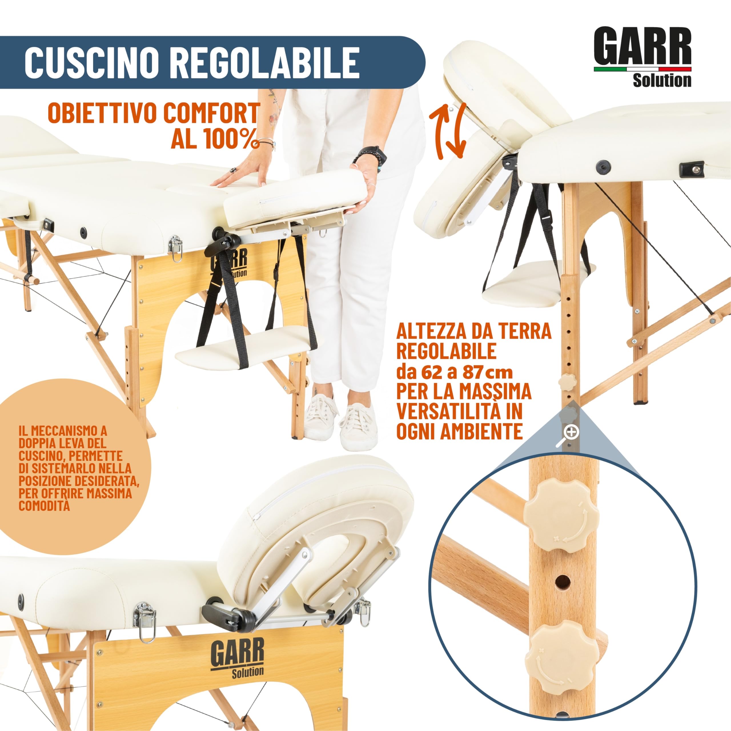 Lettino Massaggio Portatile 3 Zone in Legno, Professionale, Pieghevole e Leggero - 185x70 H62/87cm - con Porta Rotolo e Accessori - Adatto per Estetista, Fisioterapia e Tattoo - Crema