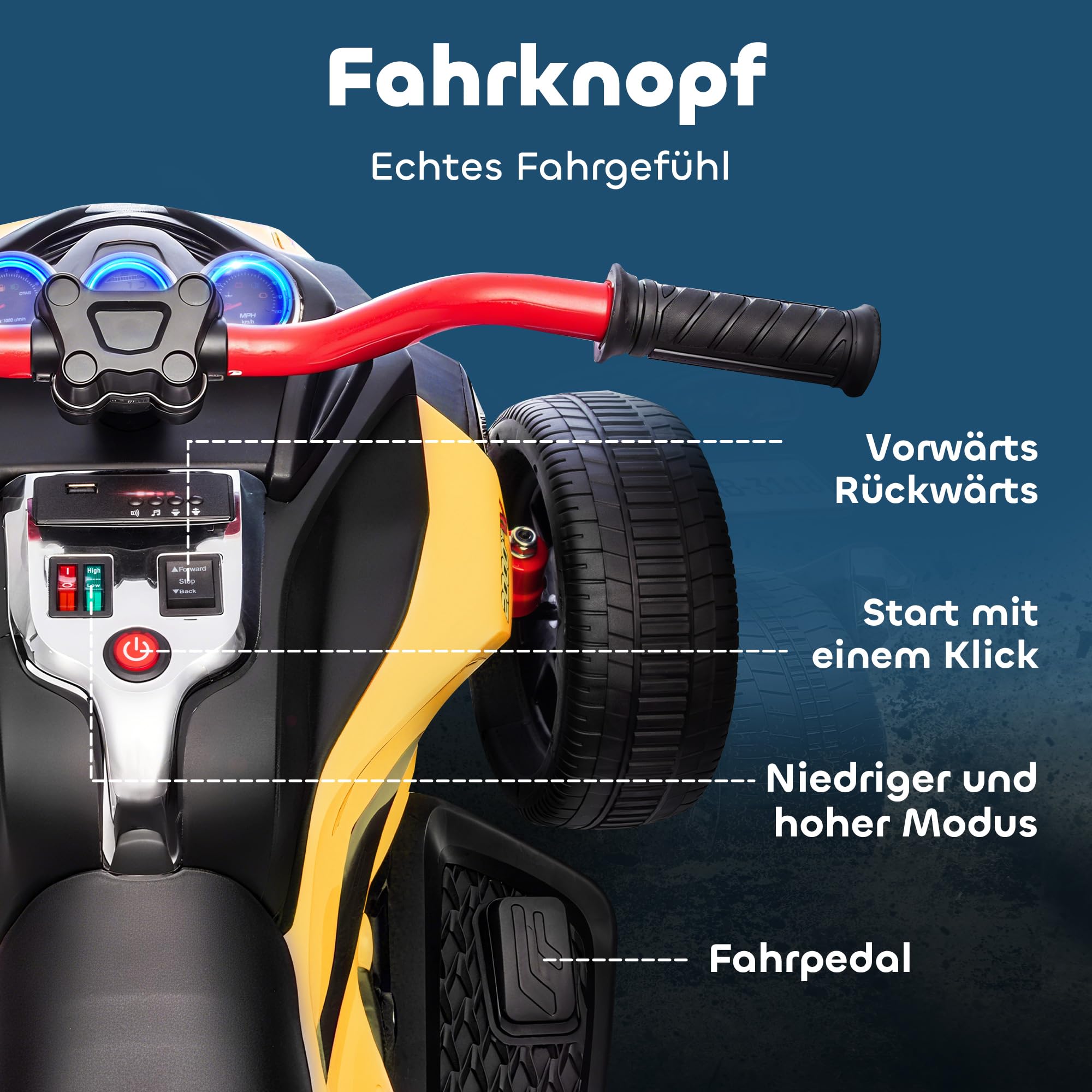 AIYAPLAY Elektro Quad für Kinder 12V Kinderquad 3 Räder 3-8 Jahre Gelb | Vorwärts-, Rückwärtsfunktion, MP3-Player, Hupe, 2 Geschwindigkeiten, LED-Leuchten, Kinderfahrzeug 3-5 km/h