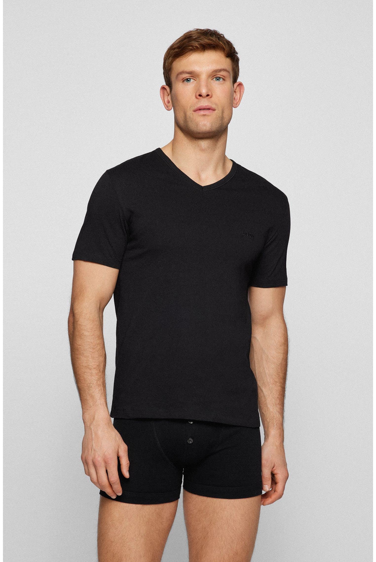 BOSS Męskie klasyczne T-shirty z krótkim rękawem, czysta bawełna, dekolt w serek, 3 sztuki w opakowaniu, czarny, S