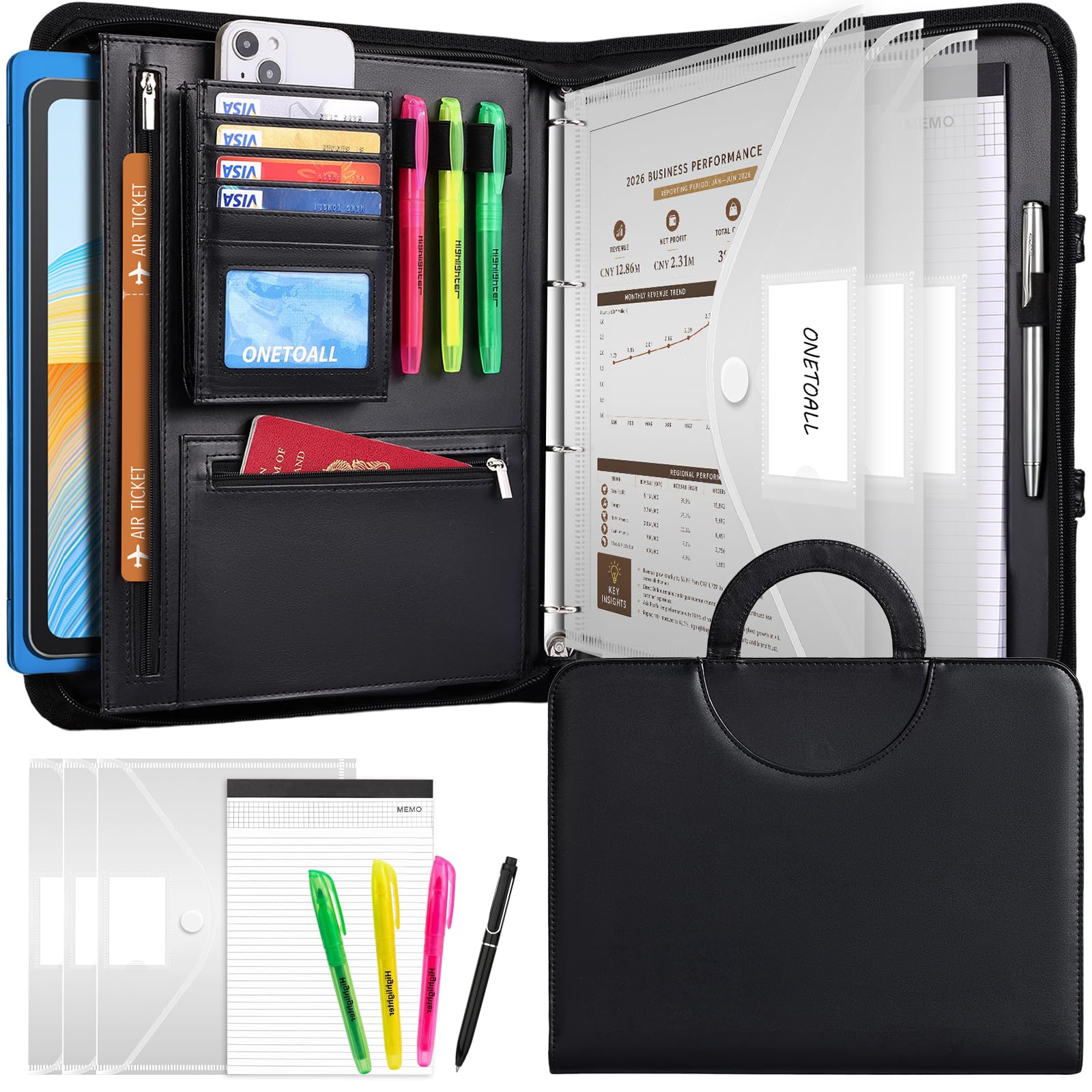 ONETOALL Portfolio Folder A4 4-Ring with Handle & Zipper Closure Black