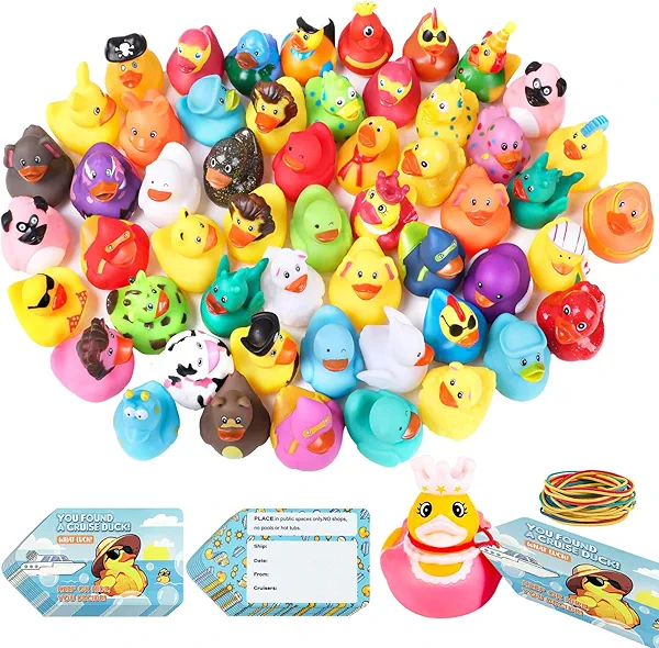 80 Pieces Rubber Ducks for Cruise Ships Hiding with Tags Kits Includes 25 Pcs Cruise Duck 25 Cruising Ducks Tags 30 Pcs Rubber Bands for Cruises Ship Essentials
