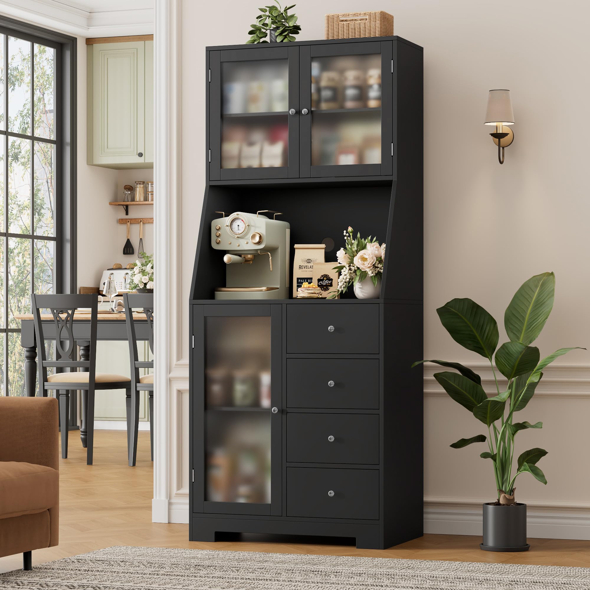 HOCSOK 163cm Küchenschrank, Buffetschrank mit Arbeitsplatte, Vorratsschrank Küche mit 3 Türen und 4 Schubladen, Hochschrank Küche für Wohnzimmer Esszimmer Bar, Schwarz