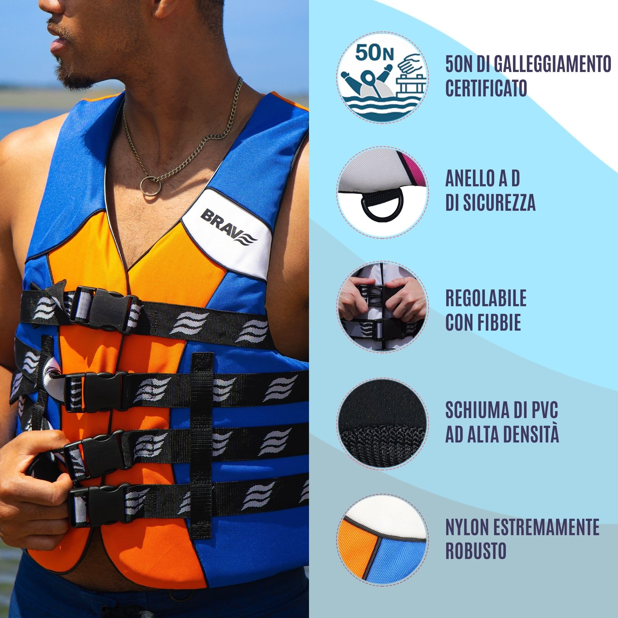 Giubbotto Salvagente 50N Omologato per Adulto – Gilet Salvagente per Kayak, Moto d’Acqua, Paddle Surf e Sport Acquatici – Nylon + PVC – 4 Cinghie Regolabili