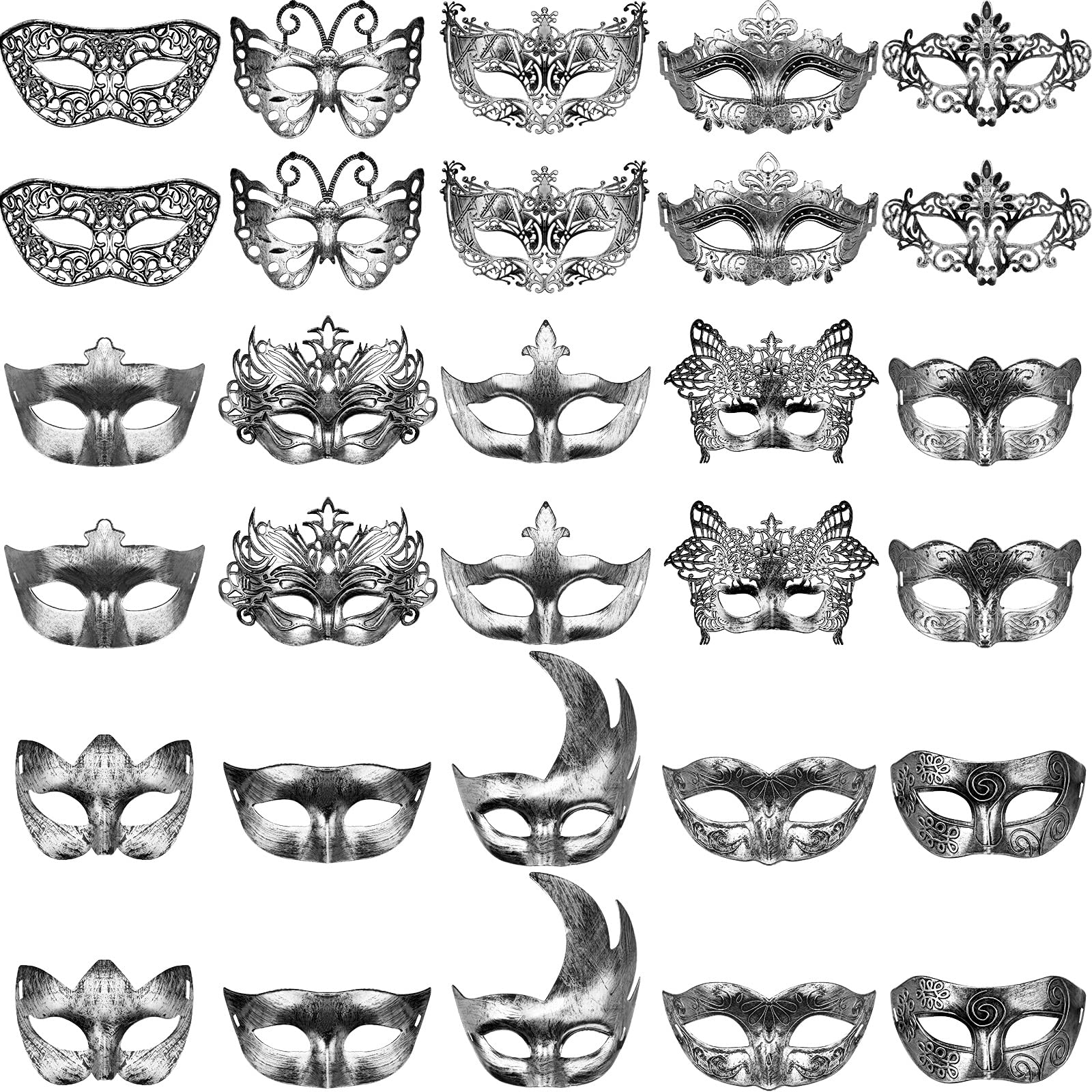 Yunsailing 30 Pcs Masquerade Masks with Straps for Women Men,Silver