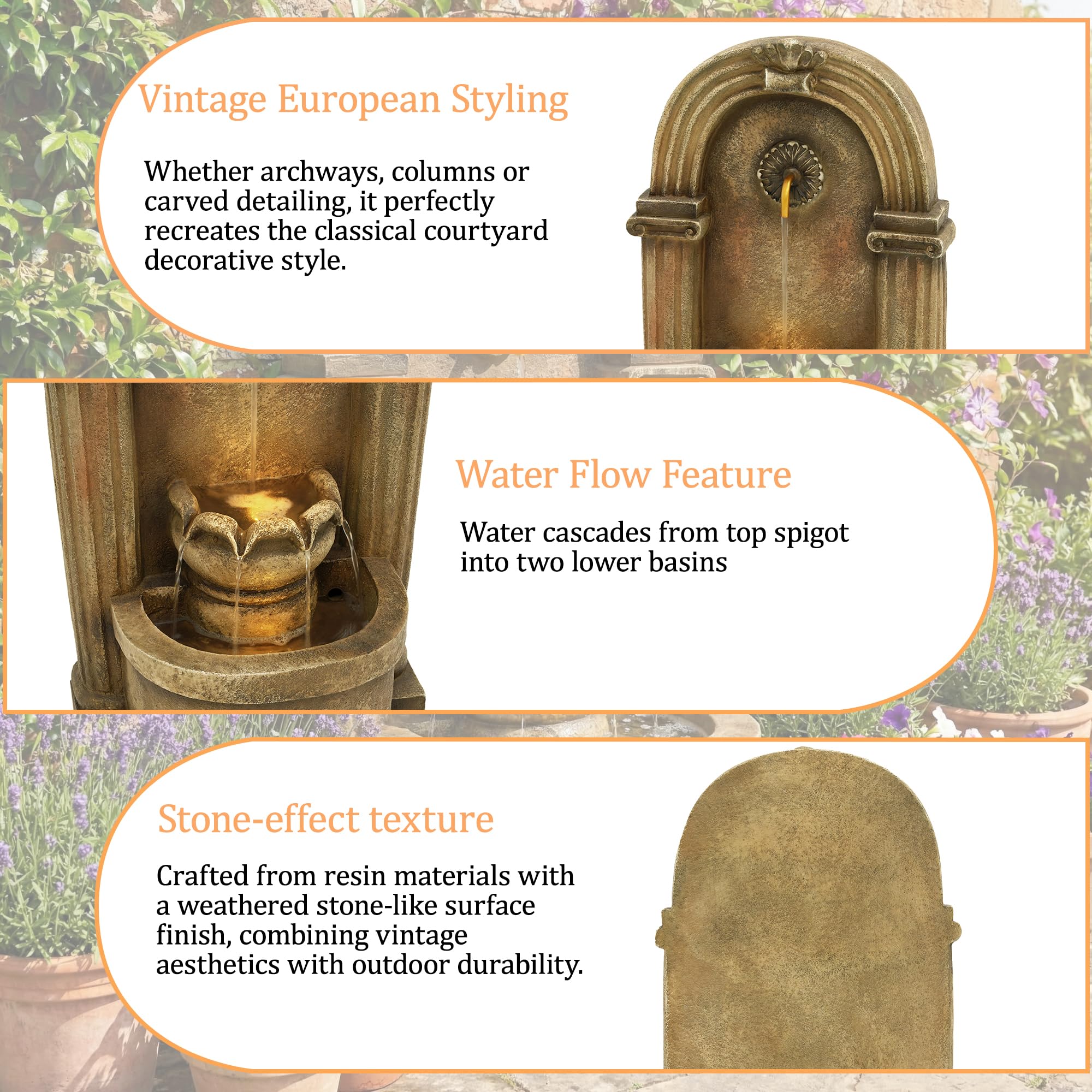 Fontana da giardino, fontana decorativa, stile antico, 230 V, gioco d'acqua per giardino, laghetto da giardino, terrazza, balcone, rubinetto, bacino, in piedi, design ad arco (marrone-1)