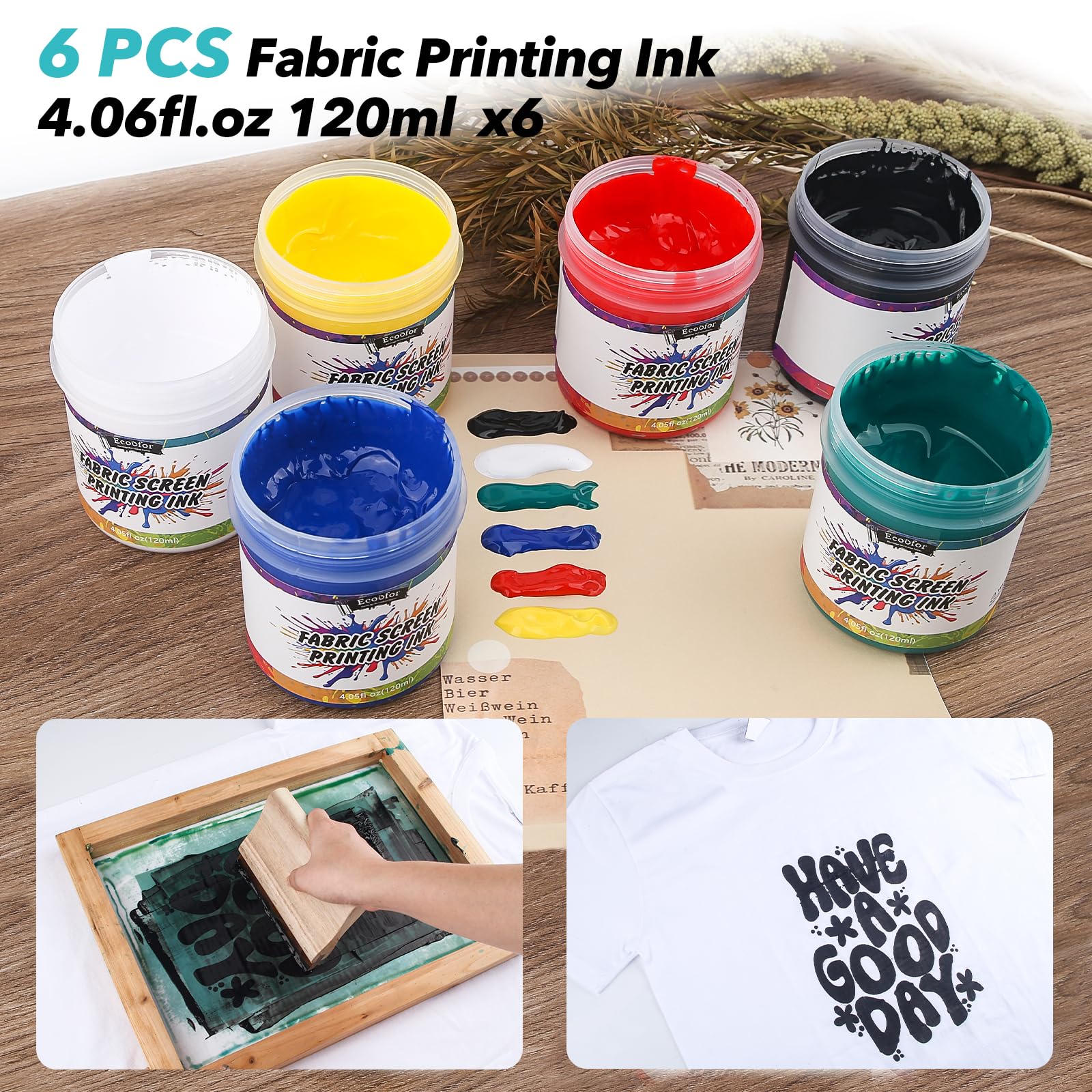 Ecoofor Kit de serigrafía todo en uno de 49 piezas con marcos de impresión de madera de 3 tamaños, tinta de serigrafía de 6 colores, 10 películas transparentes de inyección de tinta de tamaño A4