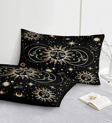 Miniatura 5 de MOVE OVER Juego de 8 piezas Universo en una bolsa tamaño King juego de edredón negro dorado juego de edredón Sol y Luna juego de edredón suave y