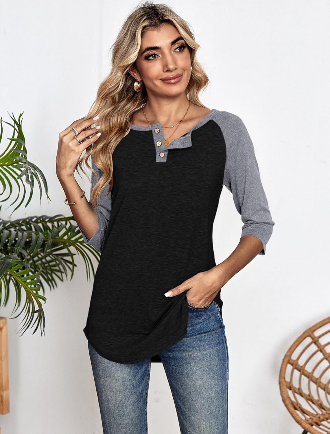 Halife Women's Casual 3/4 Sleeve T Shirts Button V Neck Tunic Blouses Color Block Basic Tee Tops Loose Fit Summer Shirt - Image 2