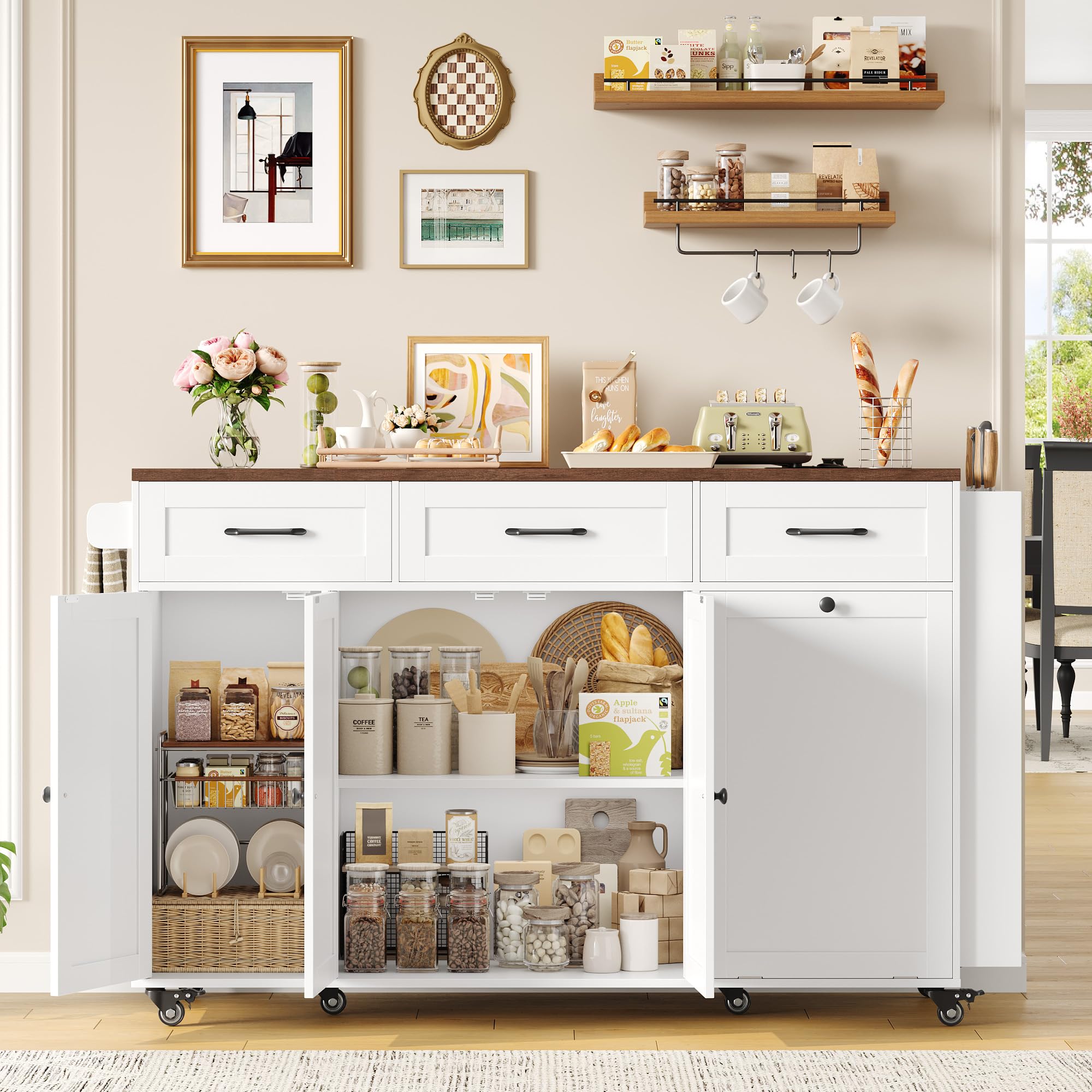 FirFurd Ilot Central Cuisine avec Rangement et Prise/USB, Meuble Cuisine avec Plan de Travail Pliable, Desserte îlot de Cuisine sur roulettes, Salles à Manger, sans Poubelle, 135x60x88cm Blanc