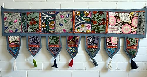Miniatura 8 de Cenefas para puerta de algodón indio, estilo étnico, vintage, con diseño de retazos, para colgar en la pared, estilo bohemio, bordado a mano,
