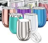 Vista 5 de THILY Vaso de vino aislado de acero inoxidable de 12 onzas, copa de vino sin tallo con tapa deslizante y popote de metal, taza de viaje que mantiene