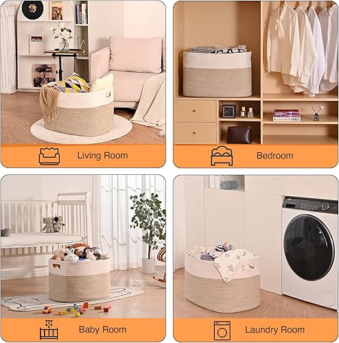 Miniatura 23 de Cesta grande para manta para sala de estar, canasta de almacenamiento rectangular, canasta grande para mantas, cestas de cuerda de algodón tejida