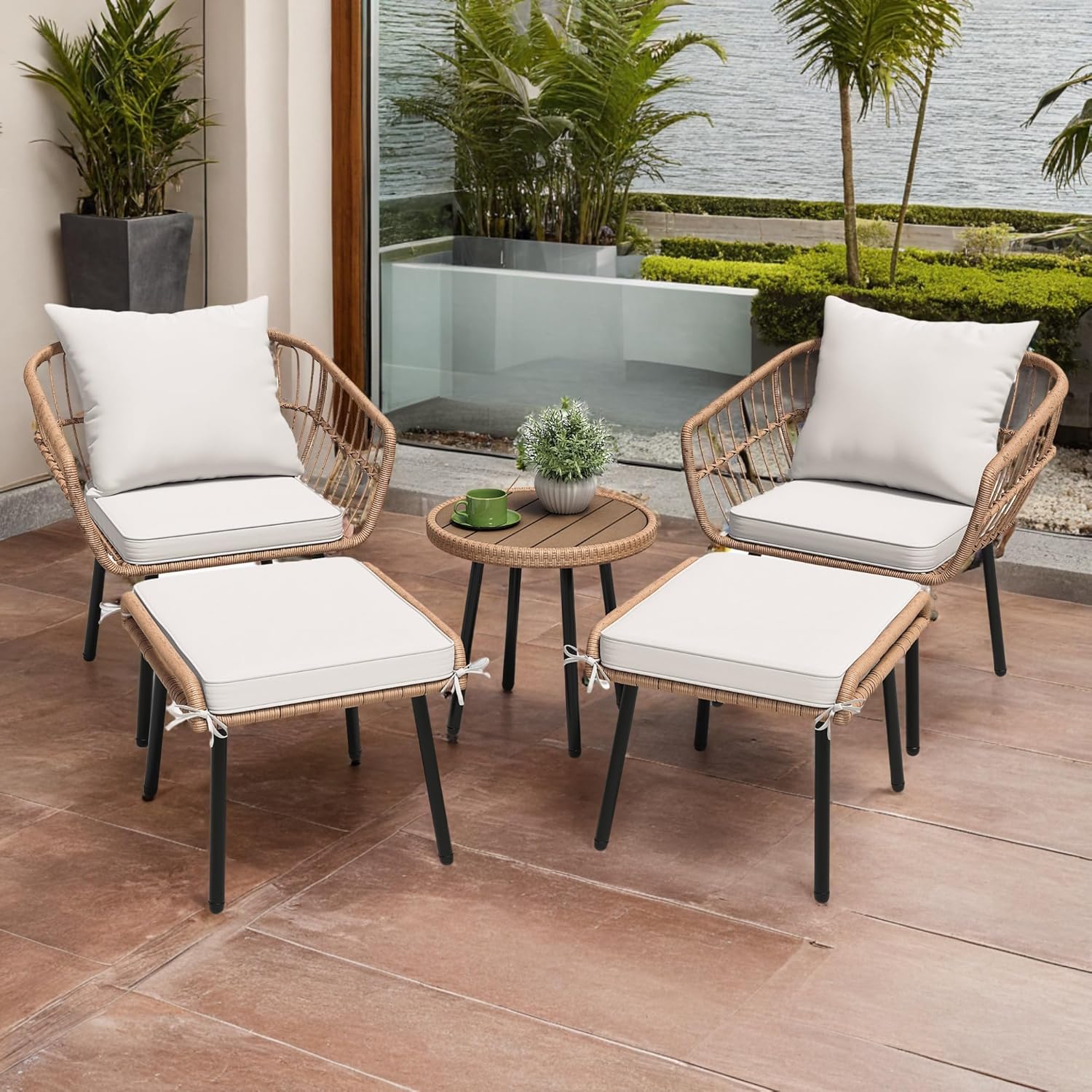 DWVO 5 Piece Patio Bistro Set, Outdoor Wicker Conversation Set with Ottomans and Side Table, All-Weather Durable Rattan Furniture for Porch, Balcony, Deck, Backyard, Garden (Beige)