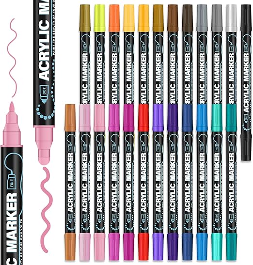 Acrylic Paint Markers, 24 Colors Paint Pens Acrylic Markers, Dual-Tip Acrylic Paint Pens (Dot & Fine) Rock for Painting, Fabric, Wood, Ceramic, Stone, Glass, Canvas, Scrapbook, Crafts & Art Supplies.