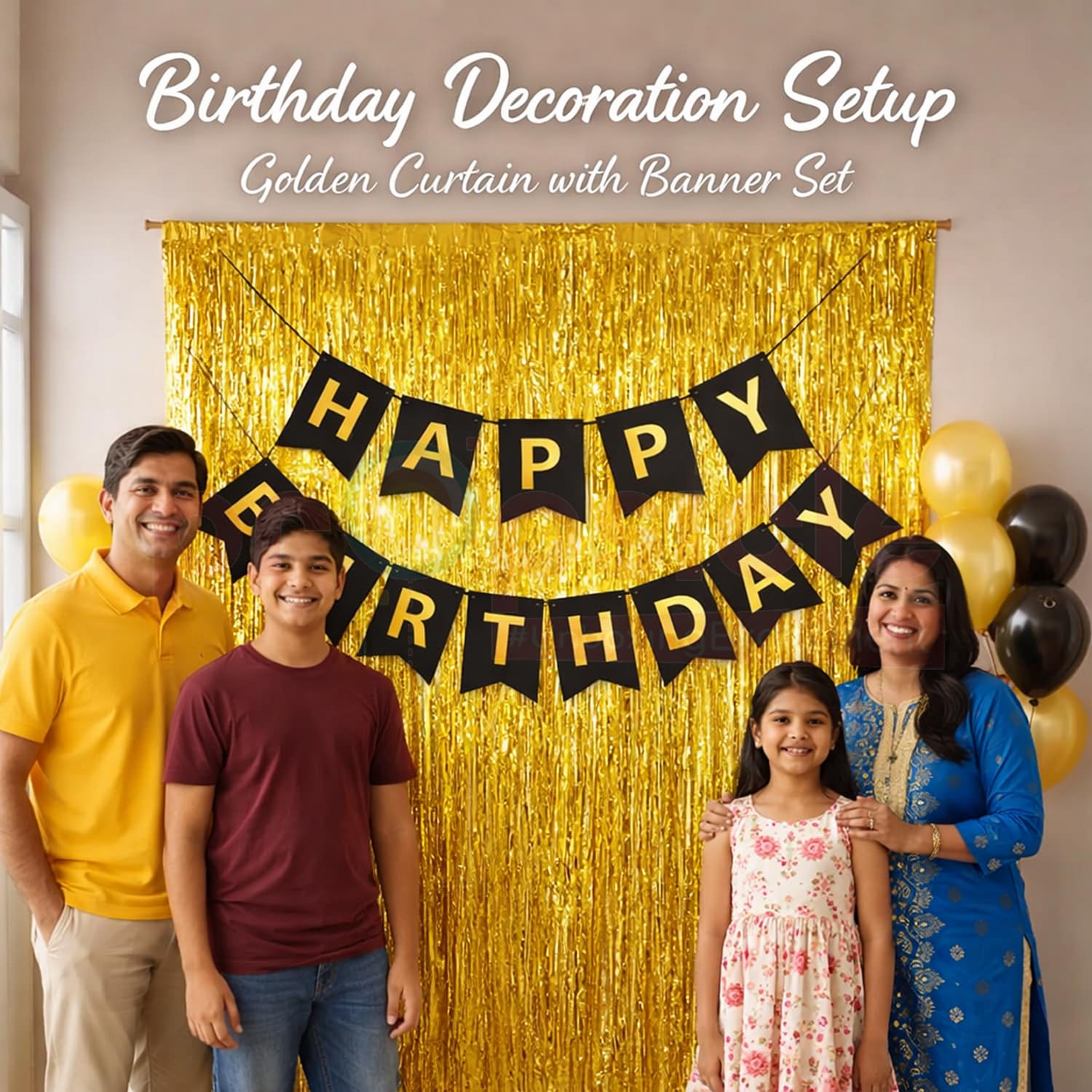 Propsicle Golden Foil Curtains with Black Happy Birthday Banner, Pack of 3 1