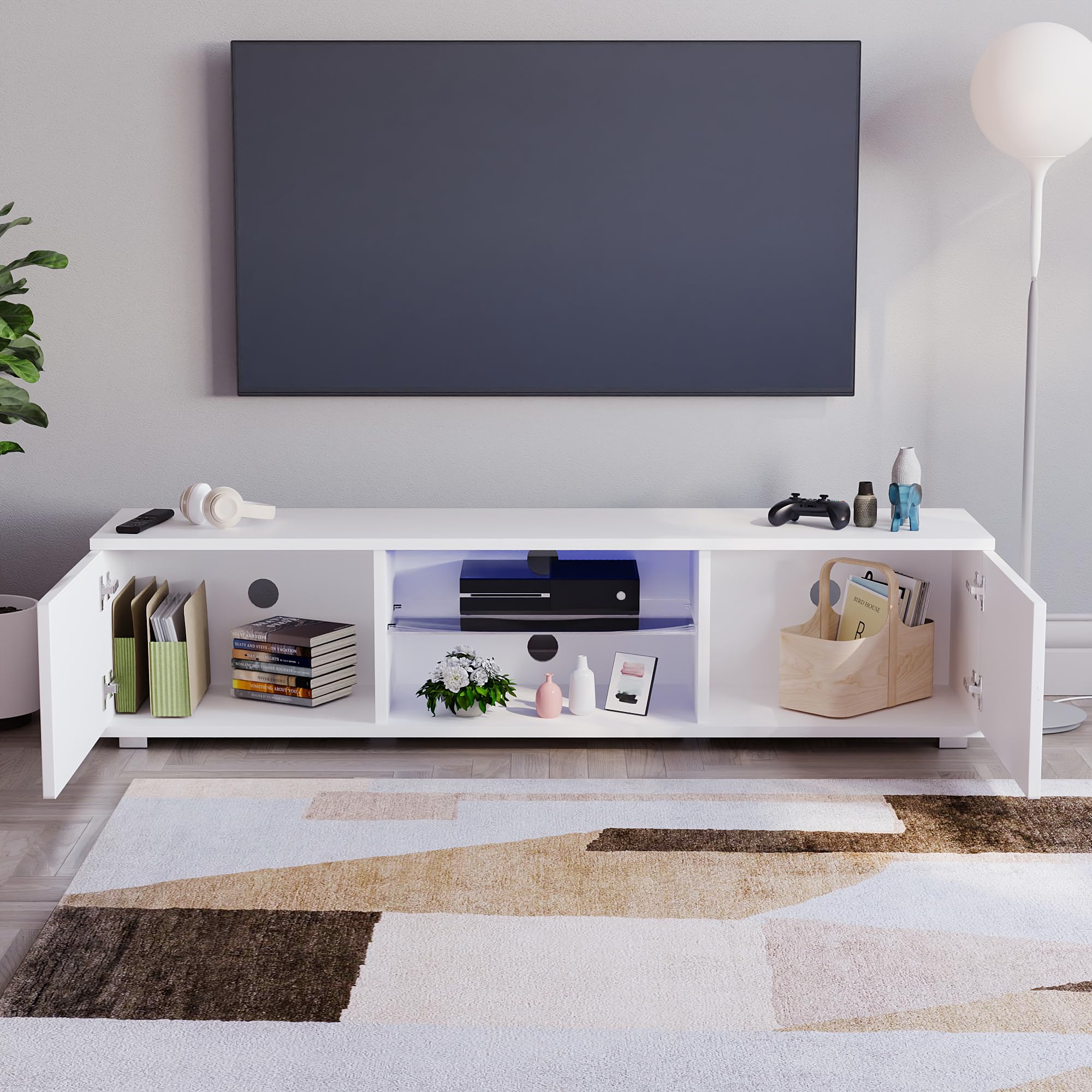 Vida Designs Cosmo - Mueble de TV LED de 2 Puertas Moderno Brillante MDF Mate para Sala de Estar, Mueble de Medios, Mueble RGB, Blanco Claro, 160 cm
