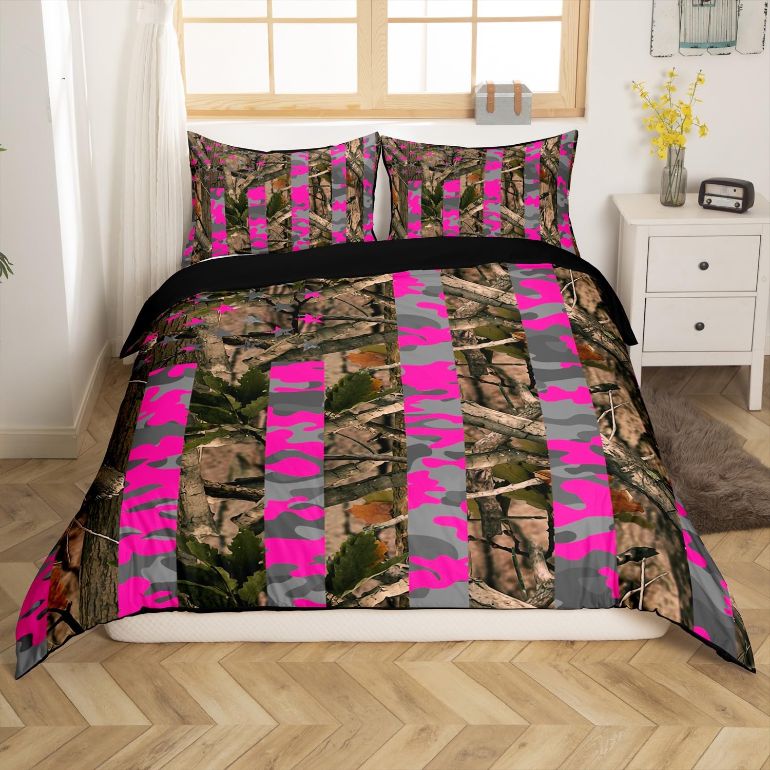 Loussiesd Branch Bedding Set Double Size Botanical Hunting Bedding Duvet Cover Set For Boys Teens Decor Camo Leaf Comforter Cover Set Tree Branch Bedspread Cover Bedroom Quilt Cover 3Pcs