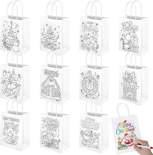 Whaline 24 bolsas pequeñas de papel para colorear de Navidad con asa y marcadores de colorear, bolsas de papel kraft reutilizables para