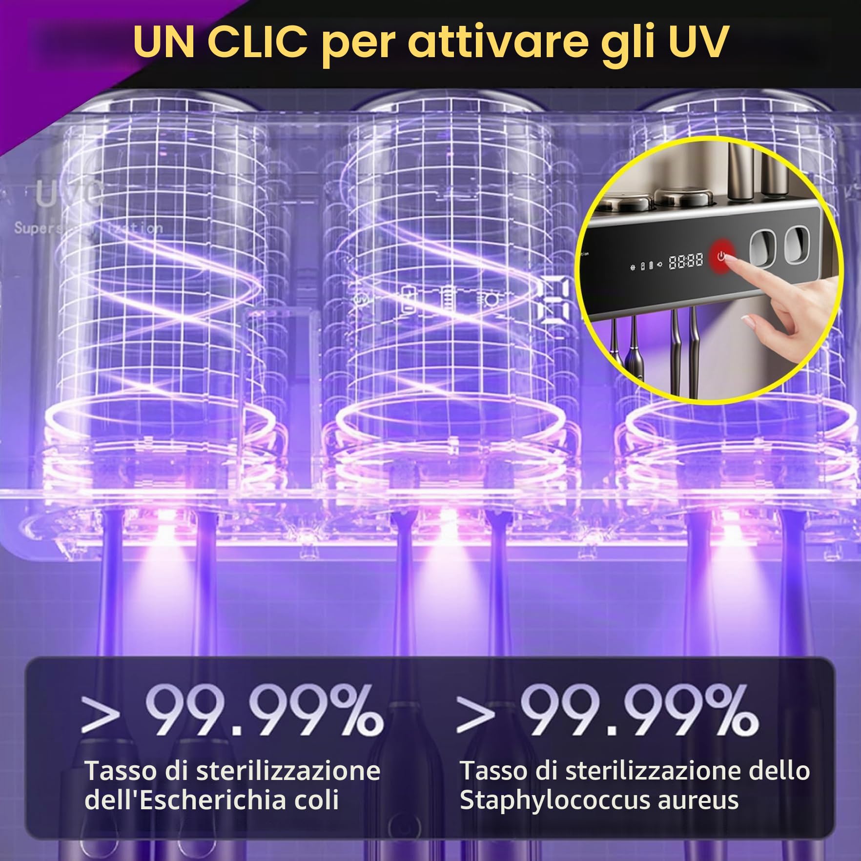 Portaspazzolino intelligente da parete con dispenser automatico di dentifricio UV, organizer per spazzolini elettrici con funzione di asciugatura, nero