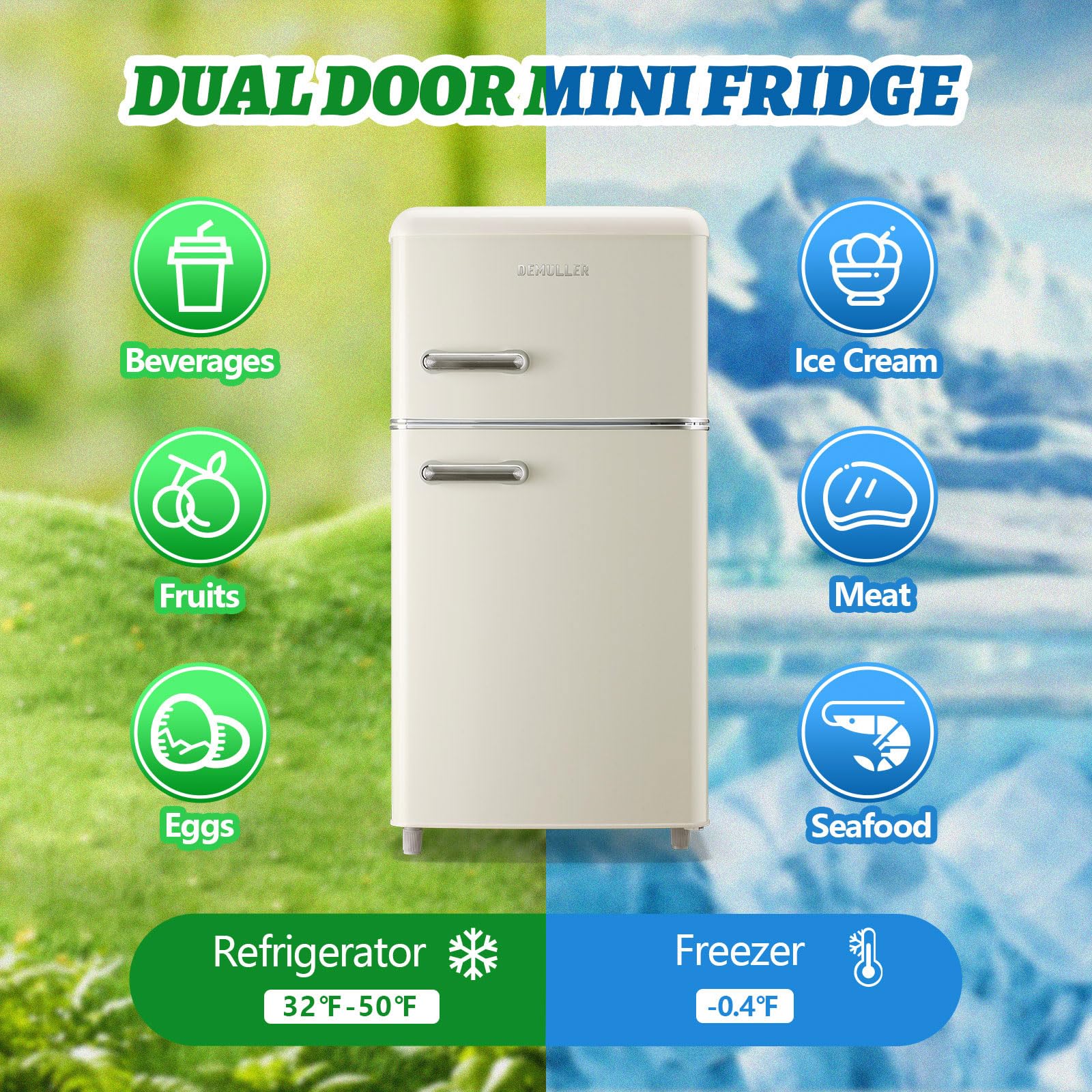 Demuller Small Refrigerator With Top Freezer 100liter Retro Mini Fridge With Adjustable Glass Shelving, 7 Temperature Control And LED Lighting, Retro Off White on Fridge.com - View 2