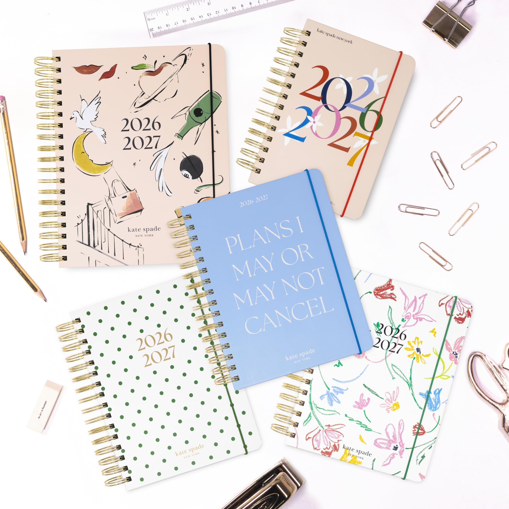 kate spade new york Agenda grande 21,6 x 18,4 cm, rilegatura a spirale, layout mensile e settimanale, tracker obiettivi, agenda vacanze, adesivi, linguette, chiusura elastica e tasca, agosto 2026