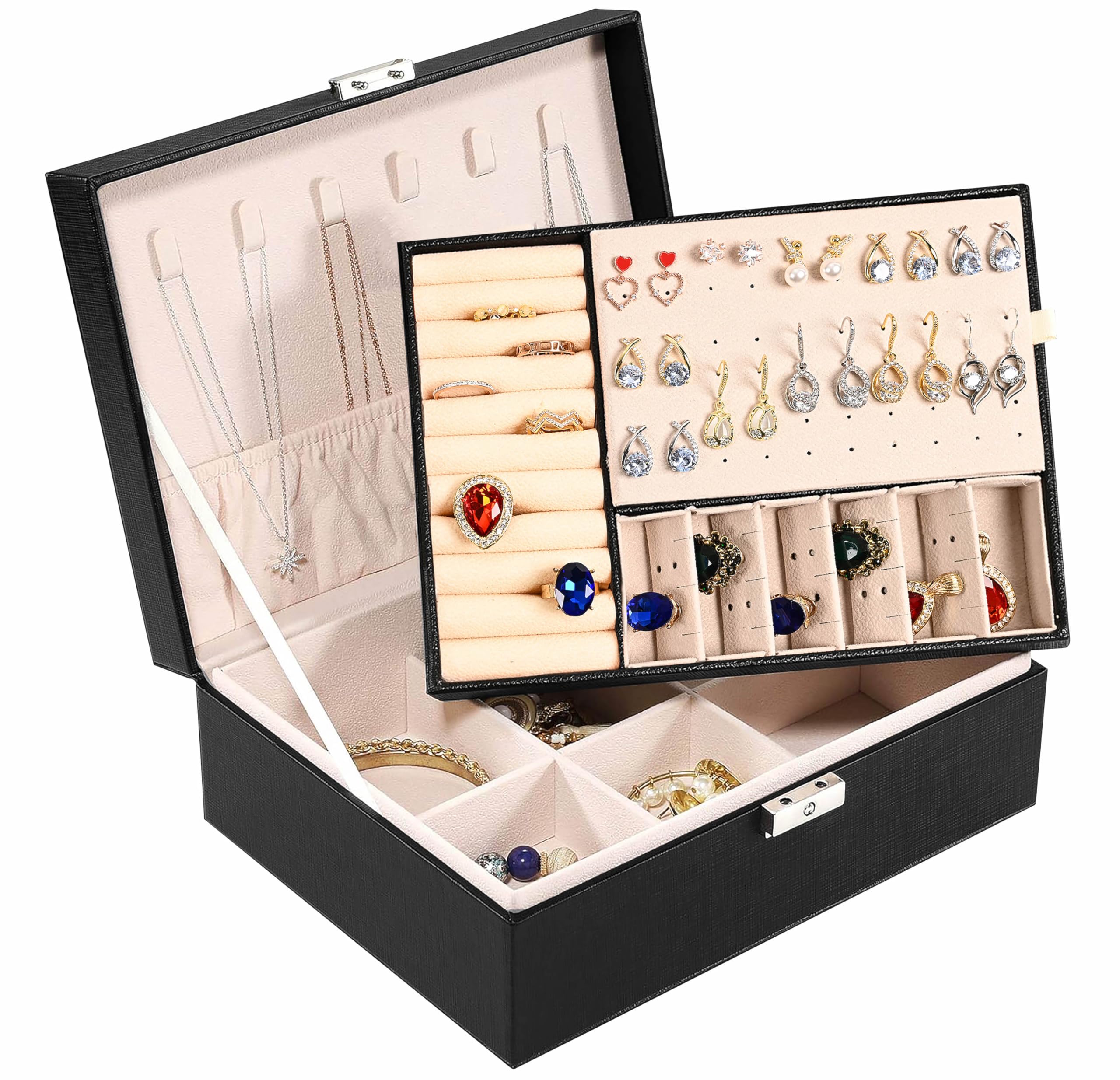 RKINC Jewelry Organizer,Leather Jewelry Box with Lock,Portable Jewelry Box Storage Box,Multifunctional Box for Storing Jewelry Rings, Earrings, Bracelets, Necklaces and Watch (Black)