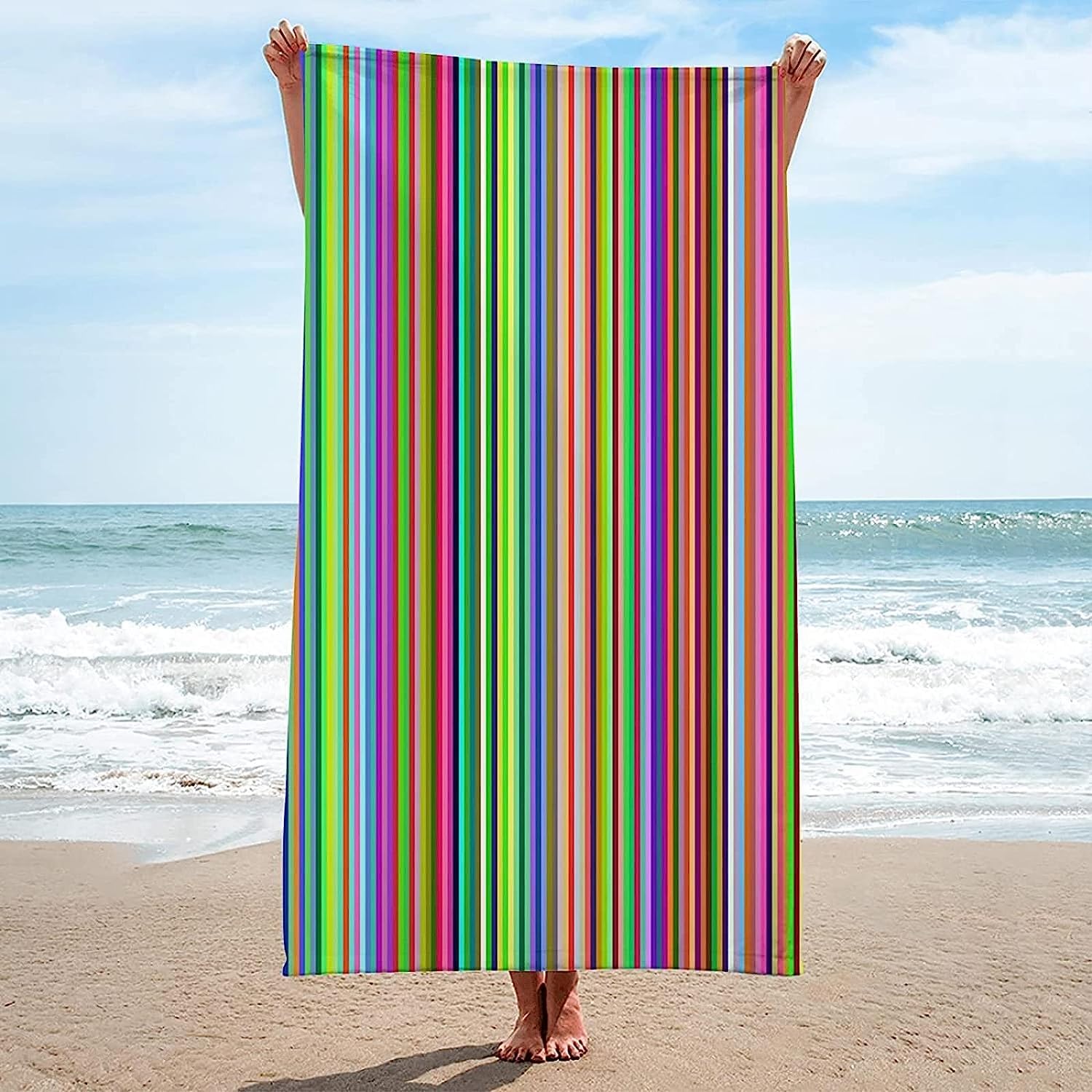 Surwin Telo Mare Grande, Asciugamano da Spiaggia in 100% Microfibra - Asciugamano Asciuga Rapidamente, Strisce Stampa Multi Telo Mare per Lestate Feste (Strisce blu,80x180cm