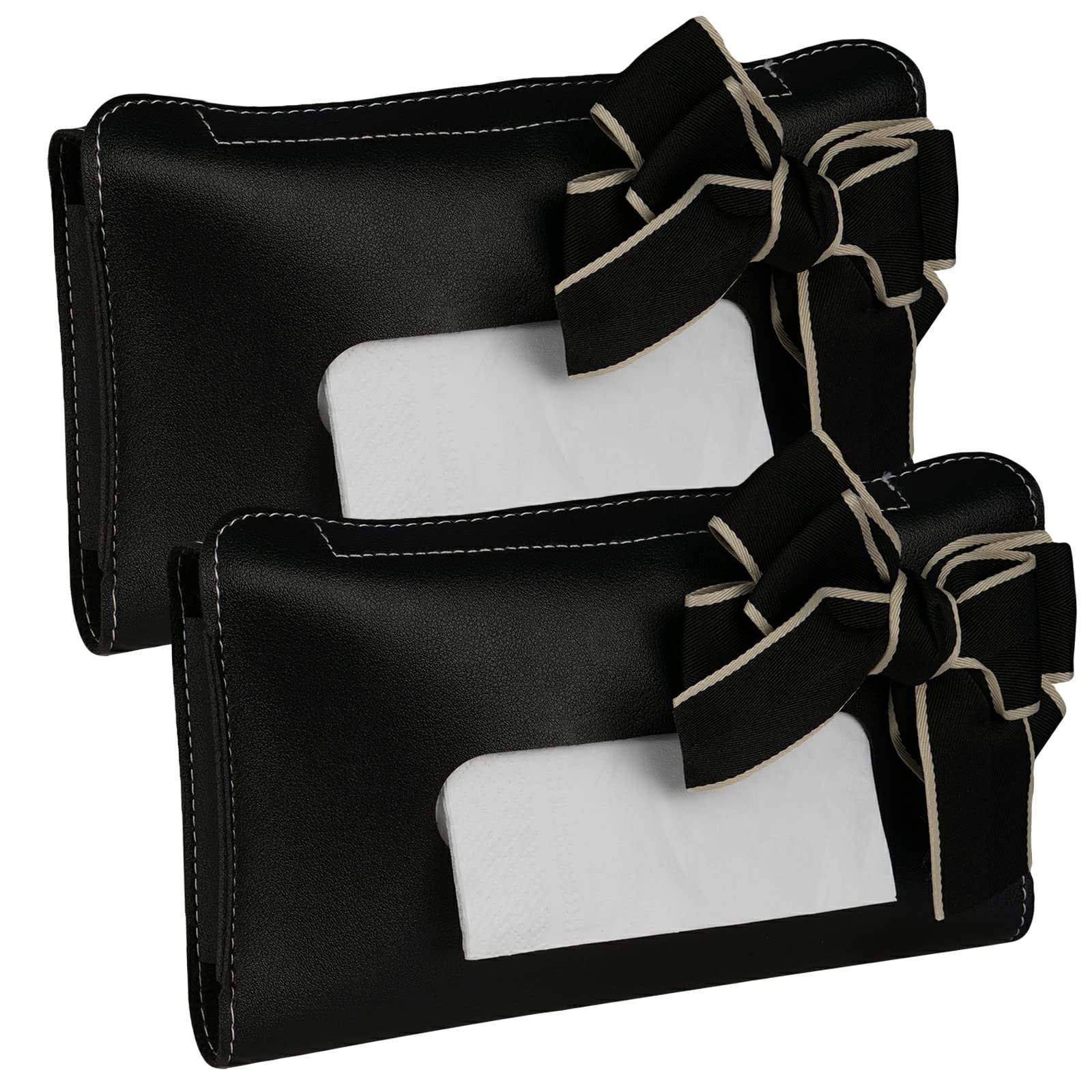 Linkidea 2 Pack Cute Bow Sun Visor Napkin Holder for Women, Tissue Box Holder for Car Visor, PU Leather Facial Tissue Case Mask Holder with Adjustable Elastic Strap for Cars (Black)