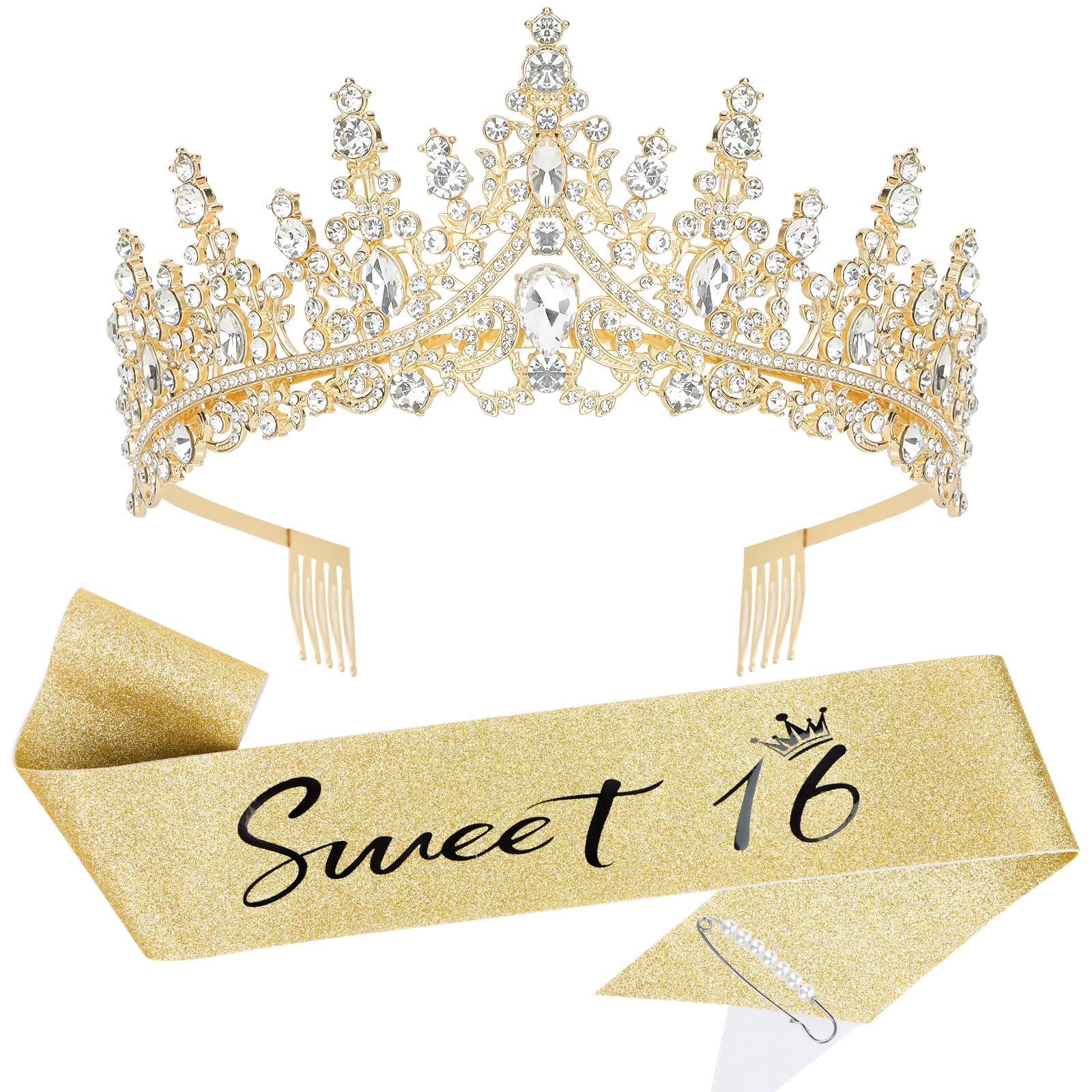 Casoty 16th Birthday Sash and Tiara for Girls, 16th Birthday Decorations Gifts for Girls, Gold Crown and Sweet 16