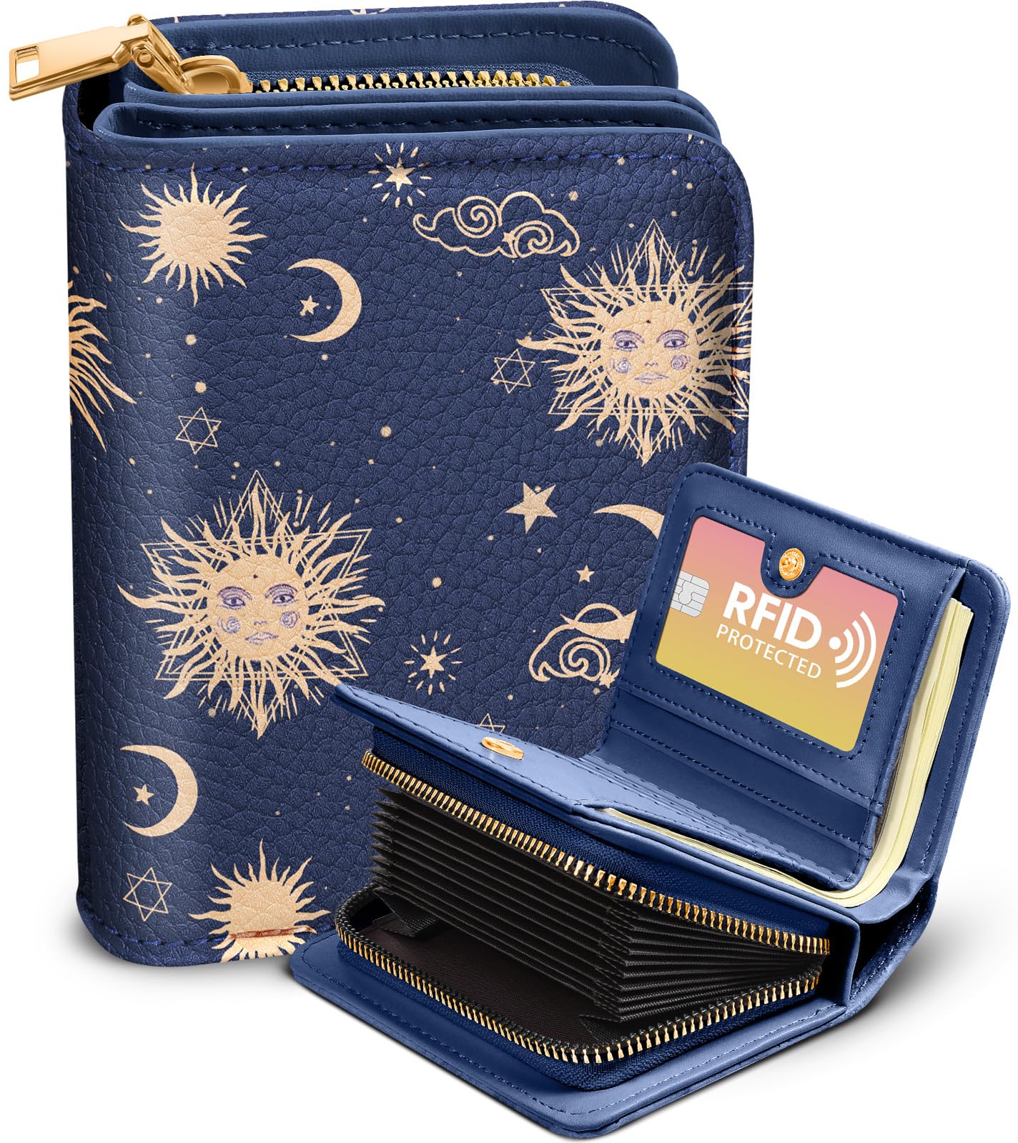 Bistup Credit Card Holder Wallet for Women - Cute Leather Ladies Teen Girls Female Cardholder Wallets Accordion Purse Small Medium Aesthetic Print Sun