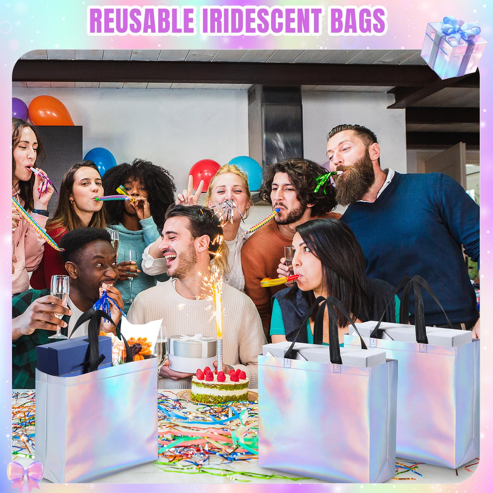 Eccliy Lot de 80 sacs cadeaux brillants réutilisables avec poignées pour mariage, enterrement de vie de jeune fille, Noël