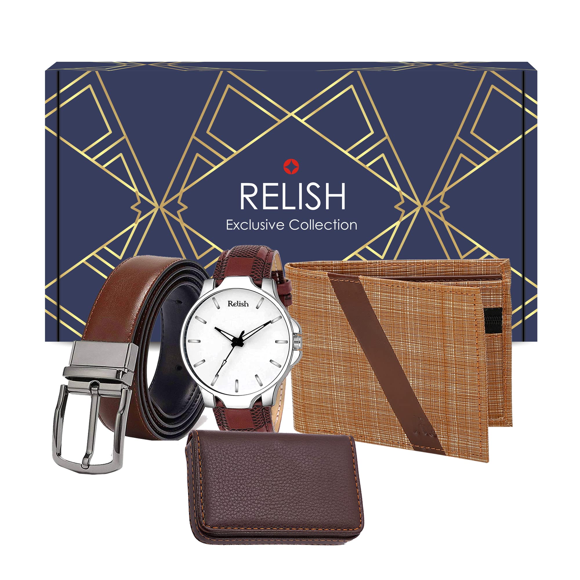 Relish Gift Combo Box of Mens Brown Analog Leather Strap Watch, Texture Wallet, Reversible Belt and CardHolder (B0BJF3S3M6) Amazon Price History, Amazon Price Tracker