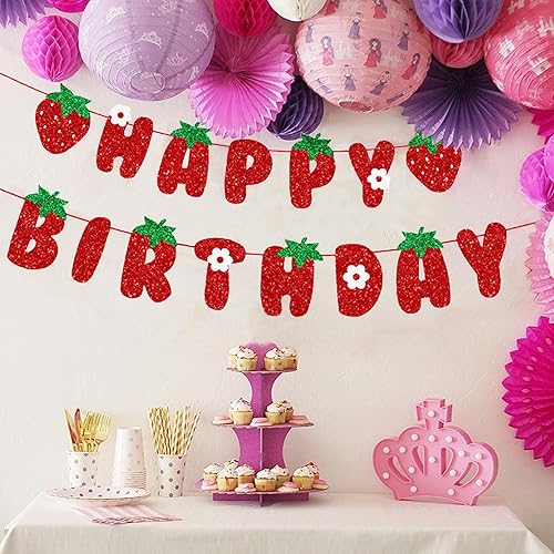 Miniatura 2 de TSJ Banner de feliz cumpleaños con purpurina y fresa, guirnalda de banderines de bayas temáticas para decoración de cumpleaños