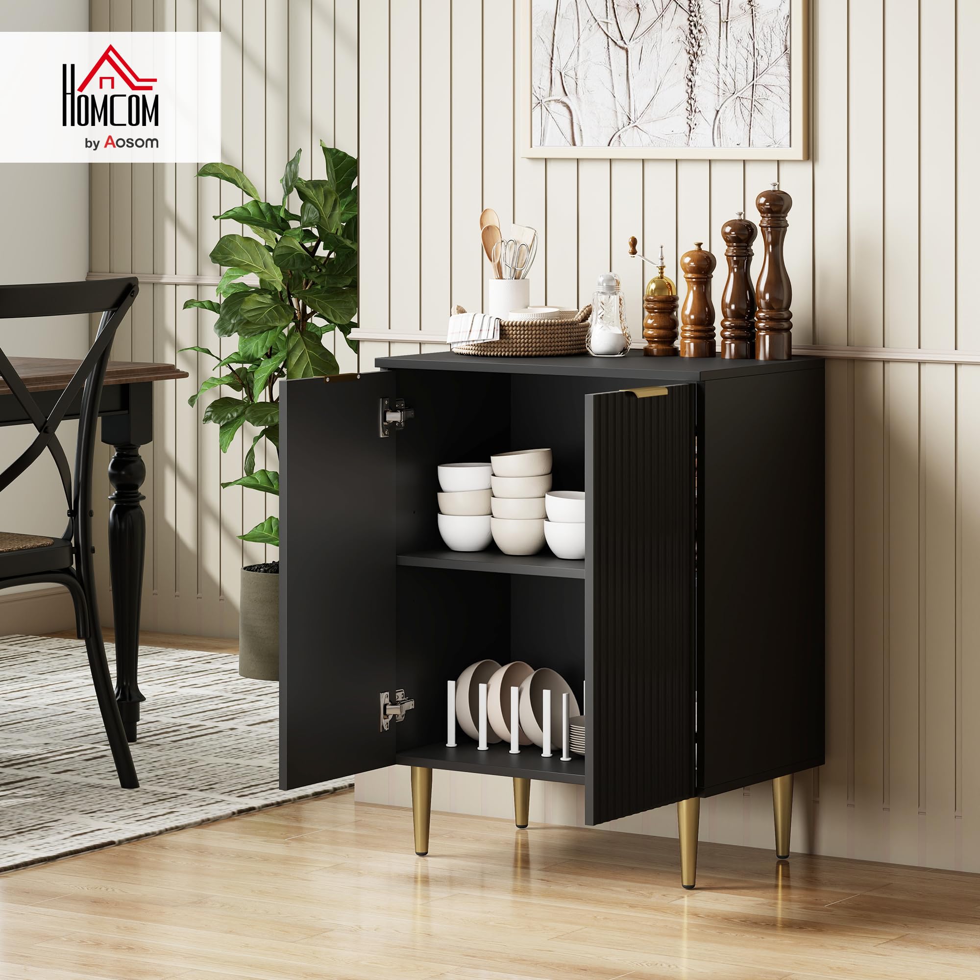 HOMCOM Credenza Cucina con 2 Ante, Ripiano Regolabile, 60x40x80 cm, Nero | Mobile Cucina, Mobile Buffet, Gambe in Metallo, per Soggiorno, Sala da Pranzo