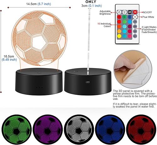 Miniatura 6 de OceanWings Soccer Gifts 3D Night Light for Boys 8-12, Christmas Stocking Stuffers for Teens Girls Optical Illusion Lamp Nightlight with Remote