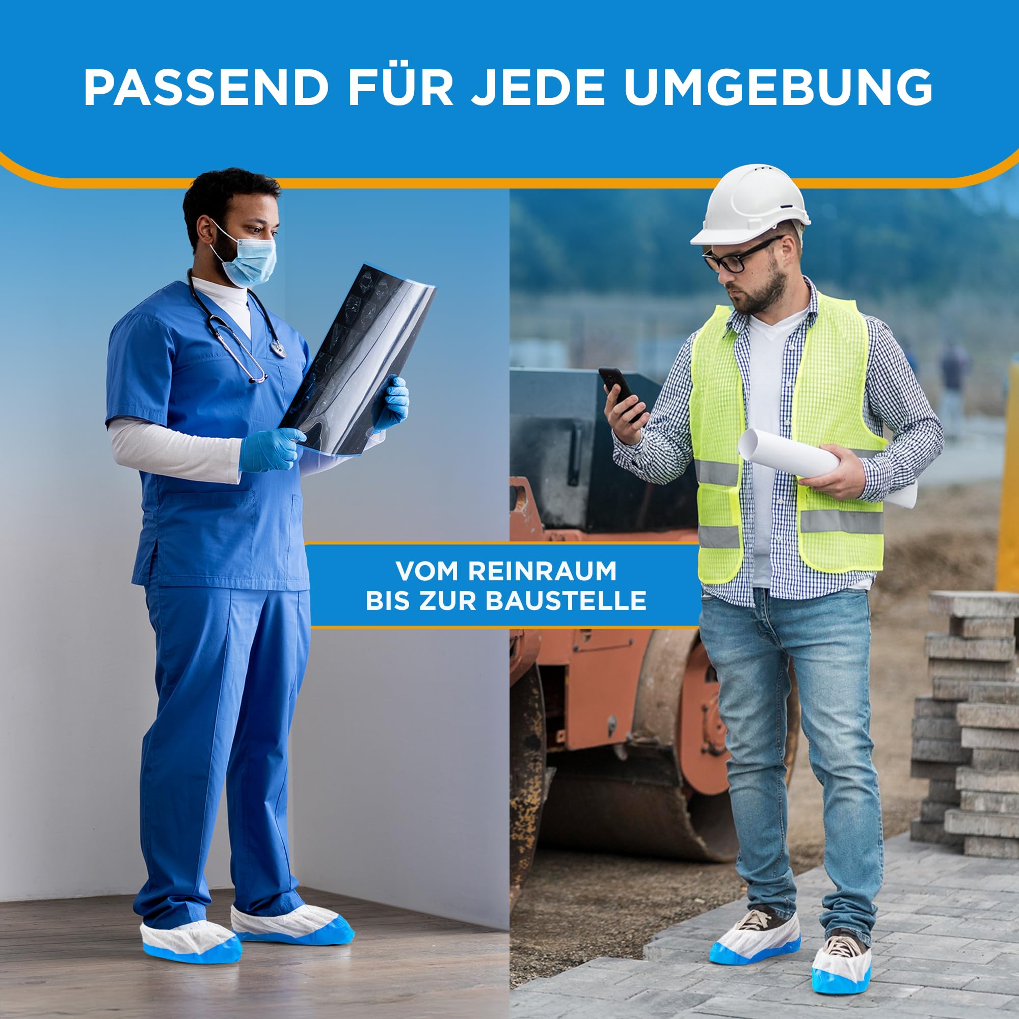 ISC Hygiene & Safety Schuhüberzieher – rutschfest, 150 Stk., blau-weiß | Überschuhe, Einweg Mehrweg, wasserdicht, extra stark, reißfest, durchriebsicher, Indoor Outdoor