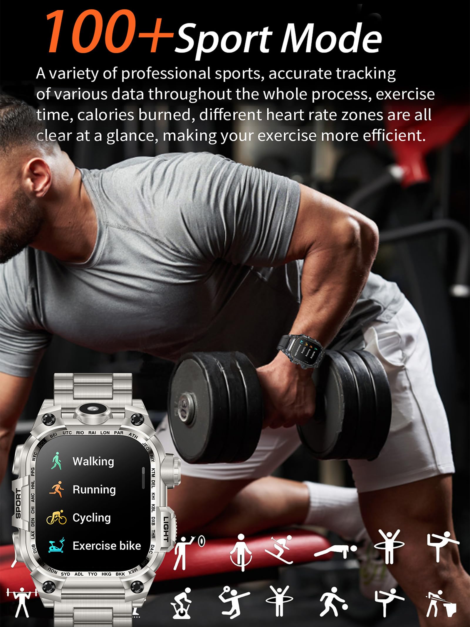Militär Smartwatch Herren mit Taschenlampe Telefonfunktion Fitnessuhr Blutdruck Pulsmesser Schlaf Monitor Outdoor Schrittzähler Uhr für Android iOS Lange Akkulaufzeit Laufuhr Herren Tactical Watch