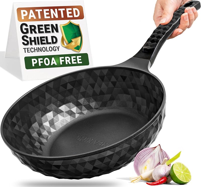 Diamond X Premium Sartén Wok Antiadherente - Wok Chino Grande de Fondo Plano de 11" - Woks y Sartenes para Saltear Antiadherente - Sartén de Ingeniería Coreana de 8 Capas Recubierta de Titanio para Freír, Sin Aceite, Sin PFOA