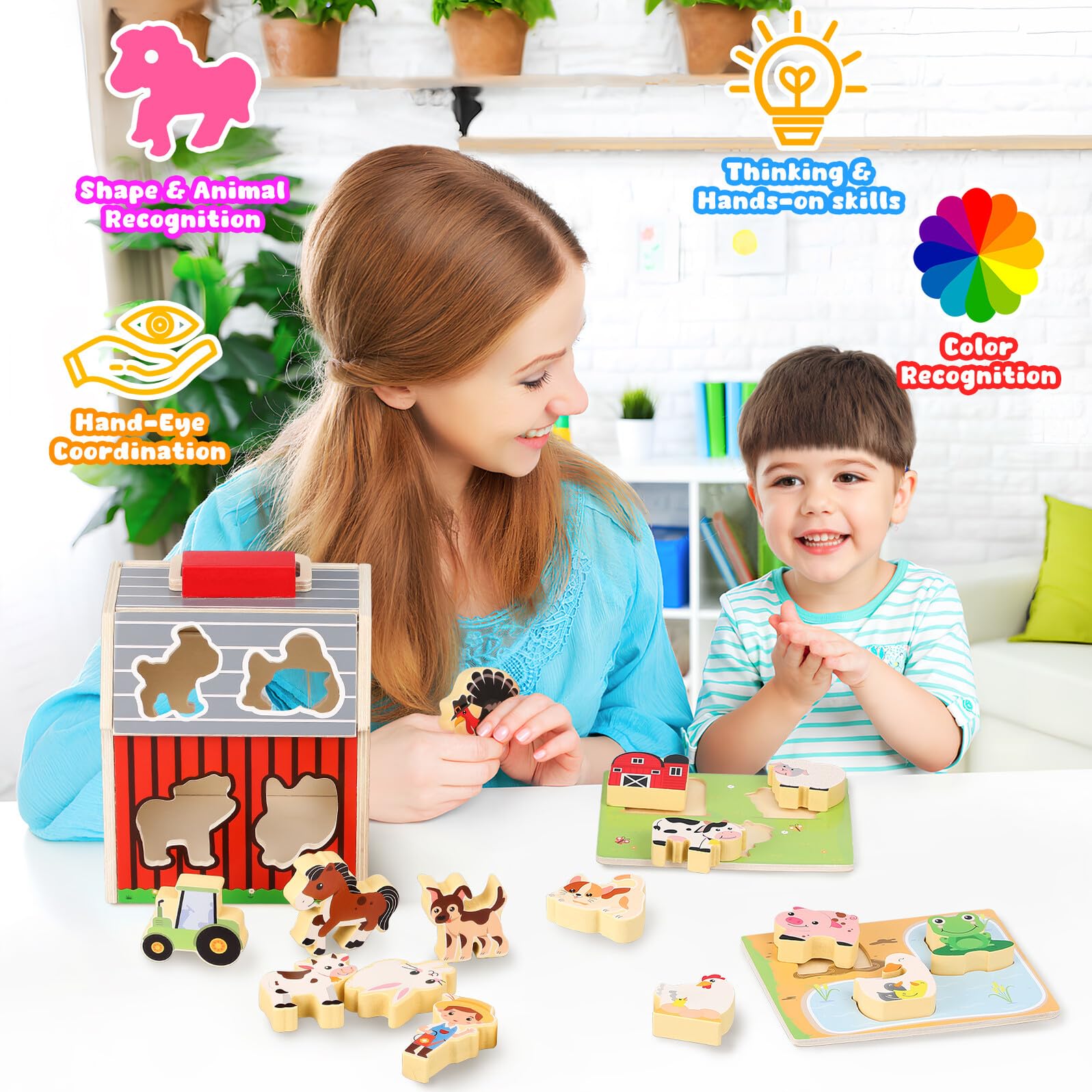 GARVALON Granja de Juguetes para Animales de Granja Juguetes Montessori de Madera Años Actividades de Motricidad Fina para Preescolar