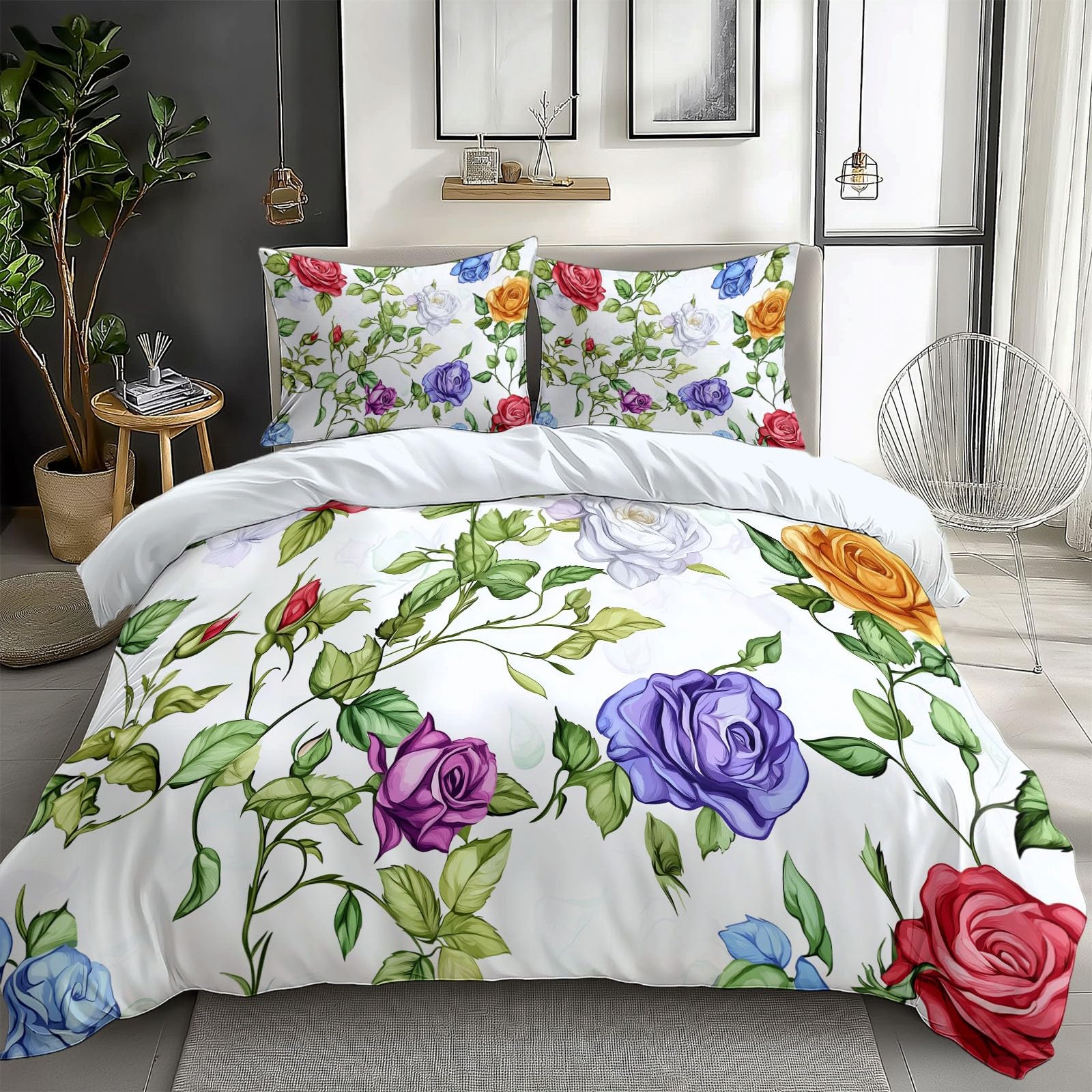 Generisch 3-częściowy komplet pościeli 200 x 220 cm, malowanie akwarelowe, róże, pościel z mikrofibry, miękka i przyjemna poszewka na kołdrę z zamkiem błyskawicznym + 2 poszewki na poduszkę 80 x 80 cm