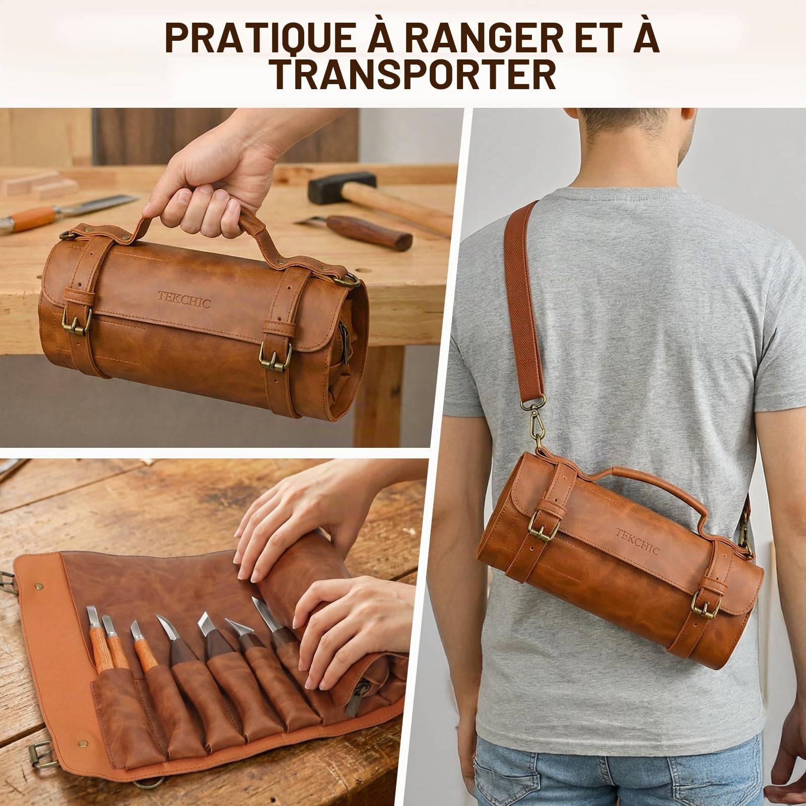 Set de sculpture sur bois | Set d'outils de sculpture sur bois | Tekchic, set de 14 couteaux à sculpter avec étui en PU (marron) – pour débutants, professionnels et passionnés de sculpture sur bois